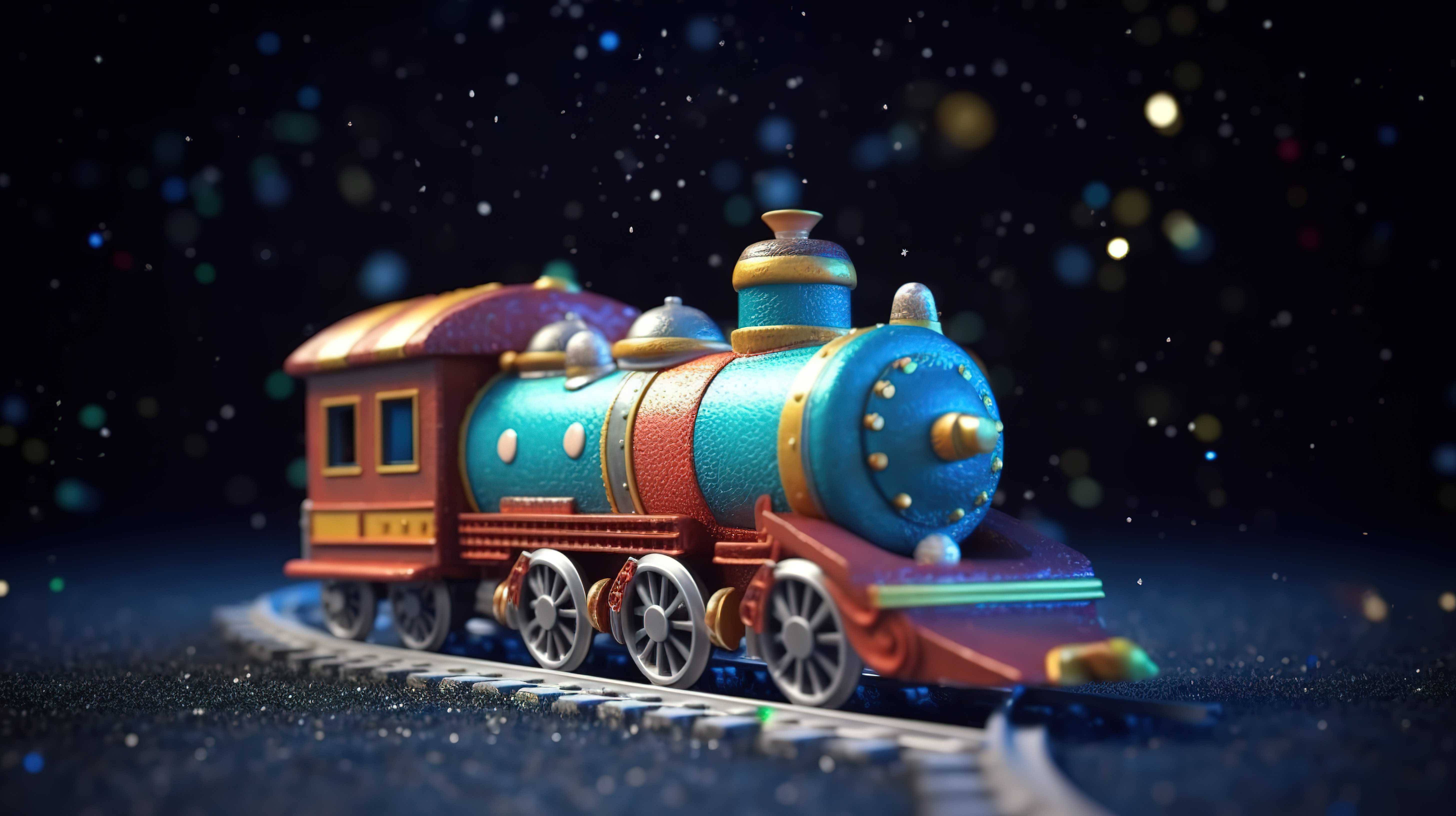 踏上外太空冒险之旅的卡通玩具火车的 3D 渲染图像图片