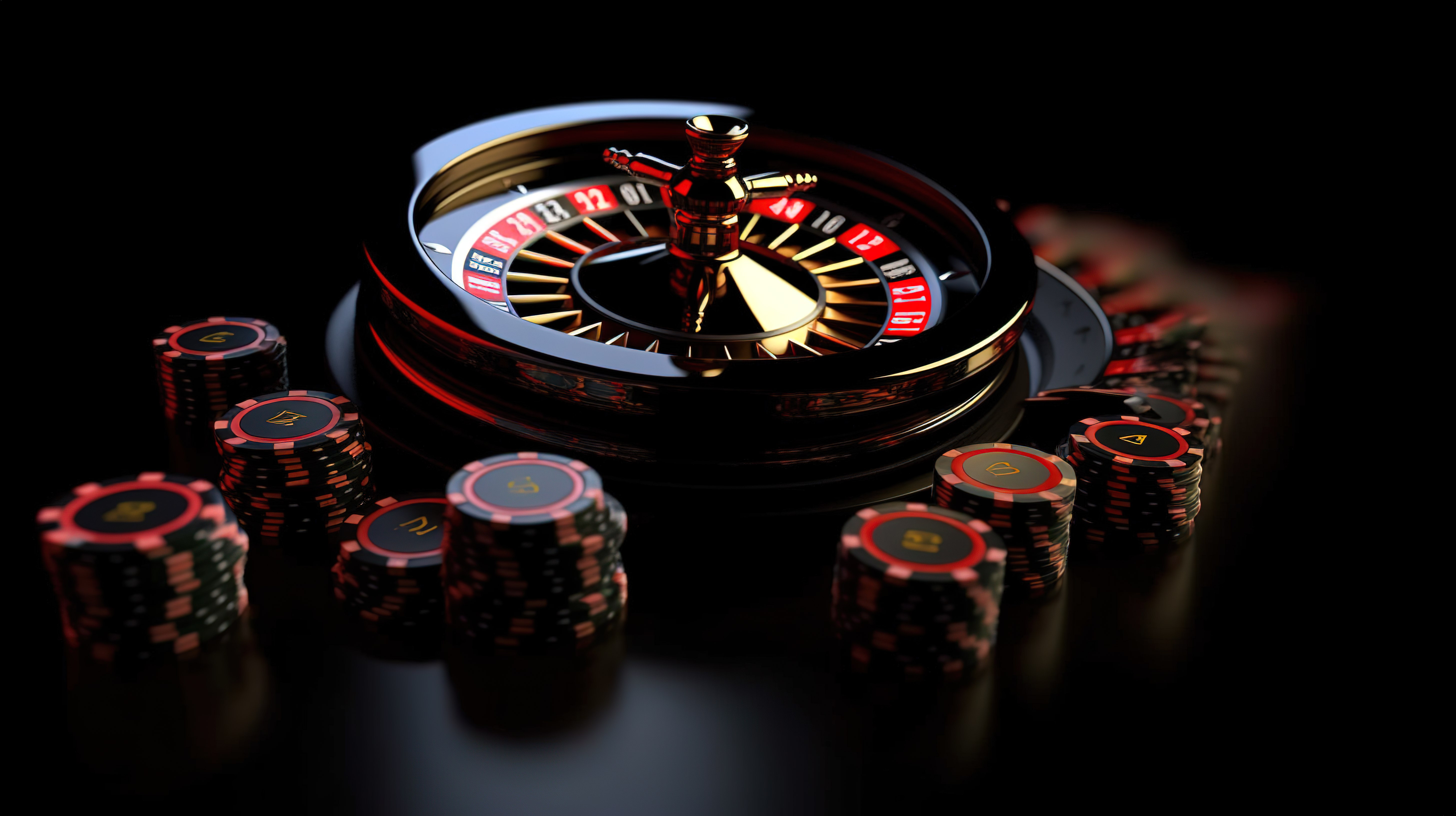深色背景下黑色赌场轮盘上扑克筹码的 3d 渲染图片