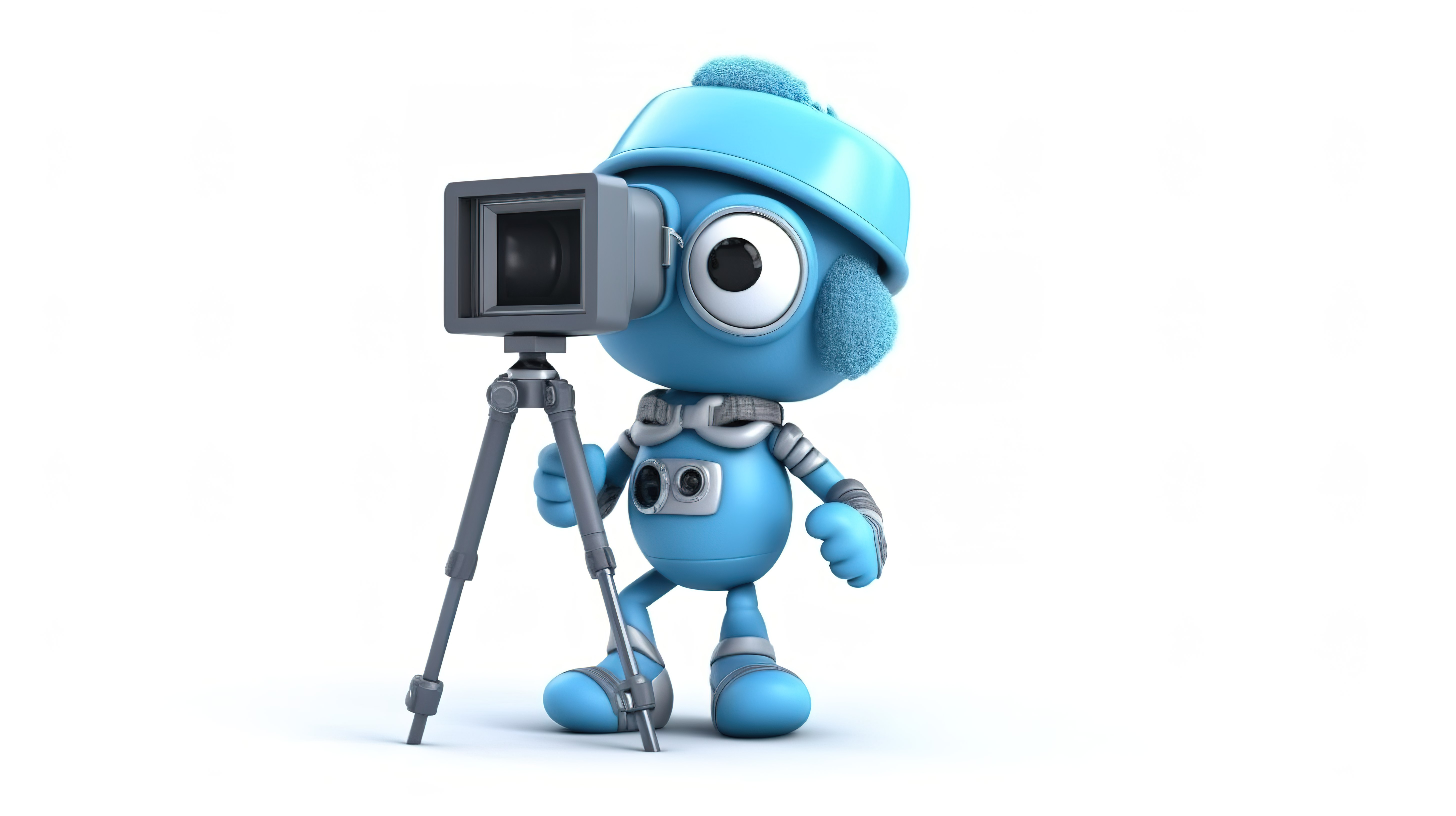 蓝皮书人物吉祥物的 3D 渲染，在三脚架系统上持有单反相机或摄像机，在白色背景下具有万向节稳定性图片