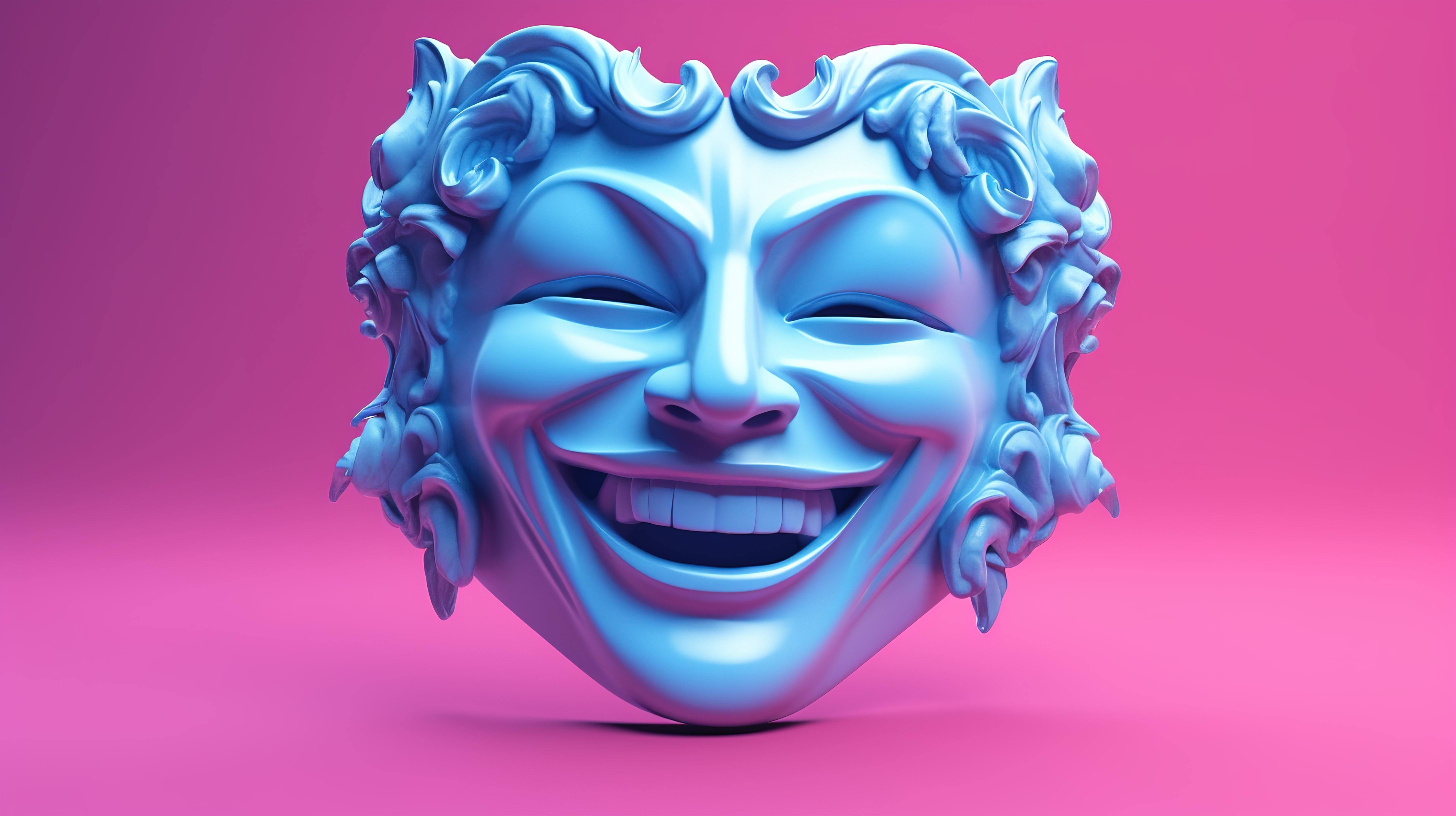 双色调风格粉红色背景与蓝色微笑喜剧和悲伤戏剧怪诞剧院面具 3d 渲染图片