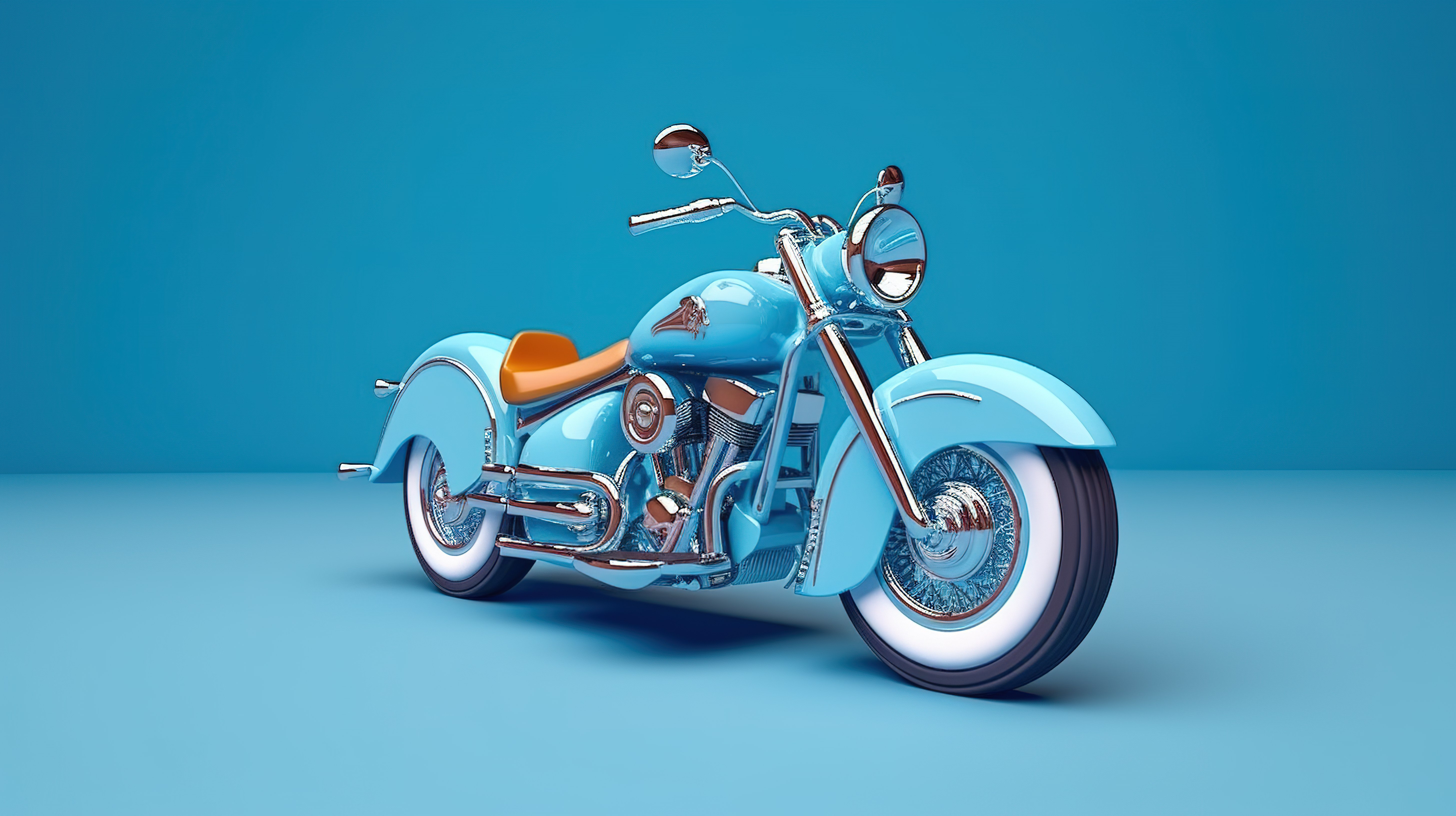 浅蓝色背景隔离蓝色定制摩托车的 3D 渲染图片