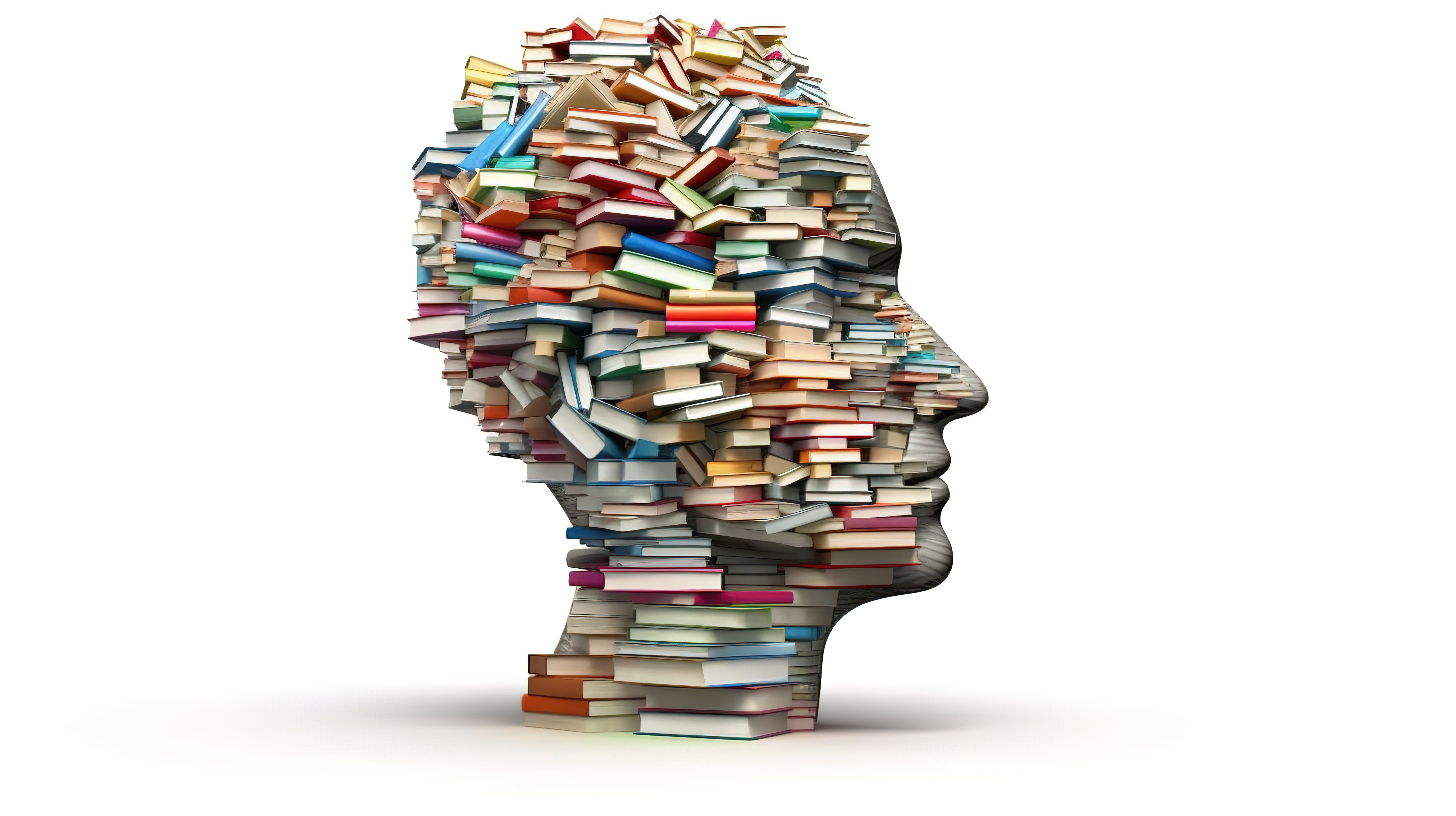 文学知识展示 3D 渲染书籍平衡在头上隔离在白色图片