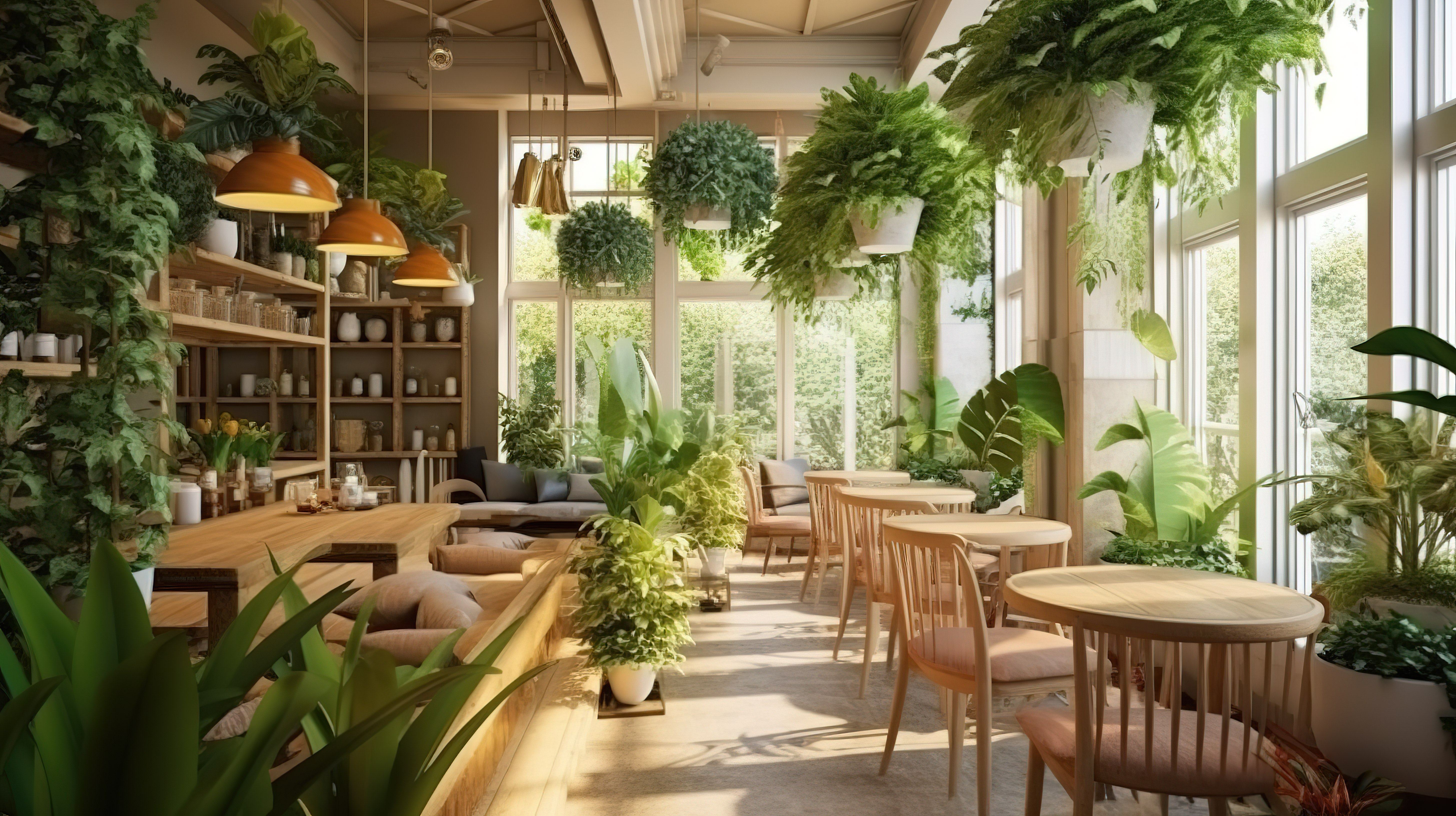 室内花园咖啡馆和花卉市场的 3D 渲染图片
