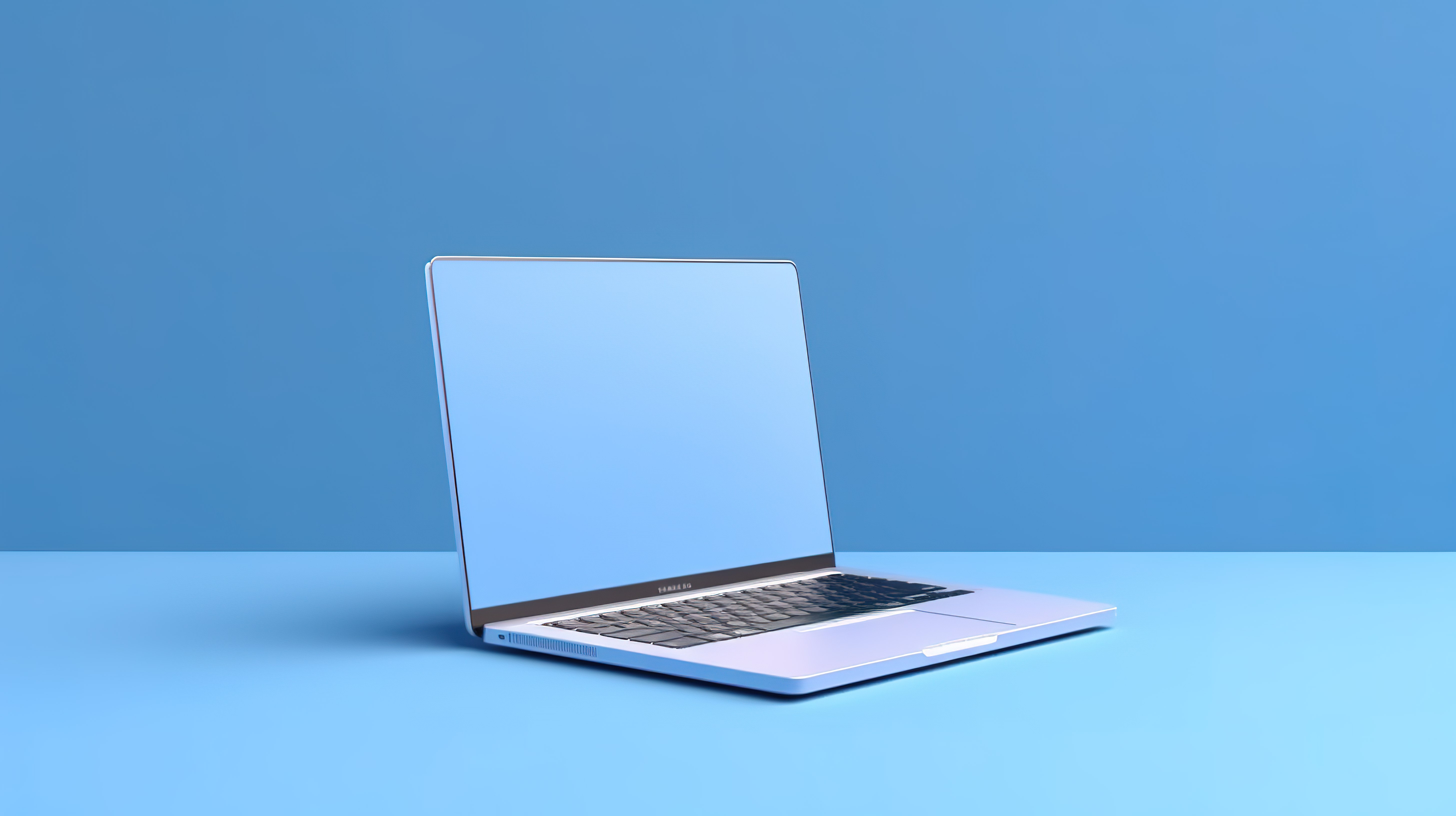 简约蓝色背景上的时尚蓝色笔记本电脑 3D 渲染的商业模型，带有复制空间图片
