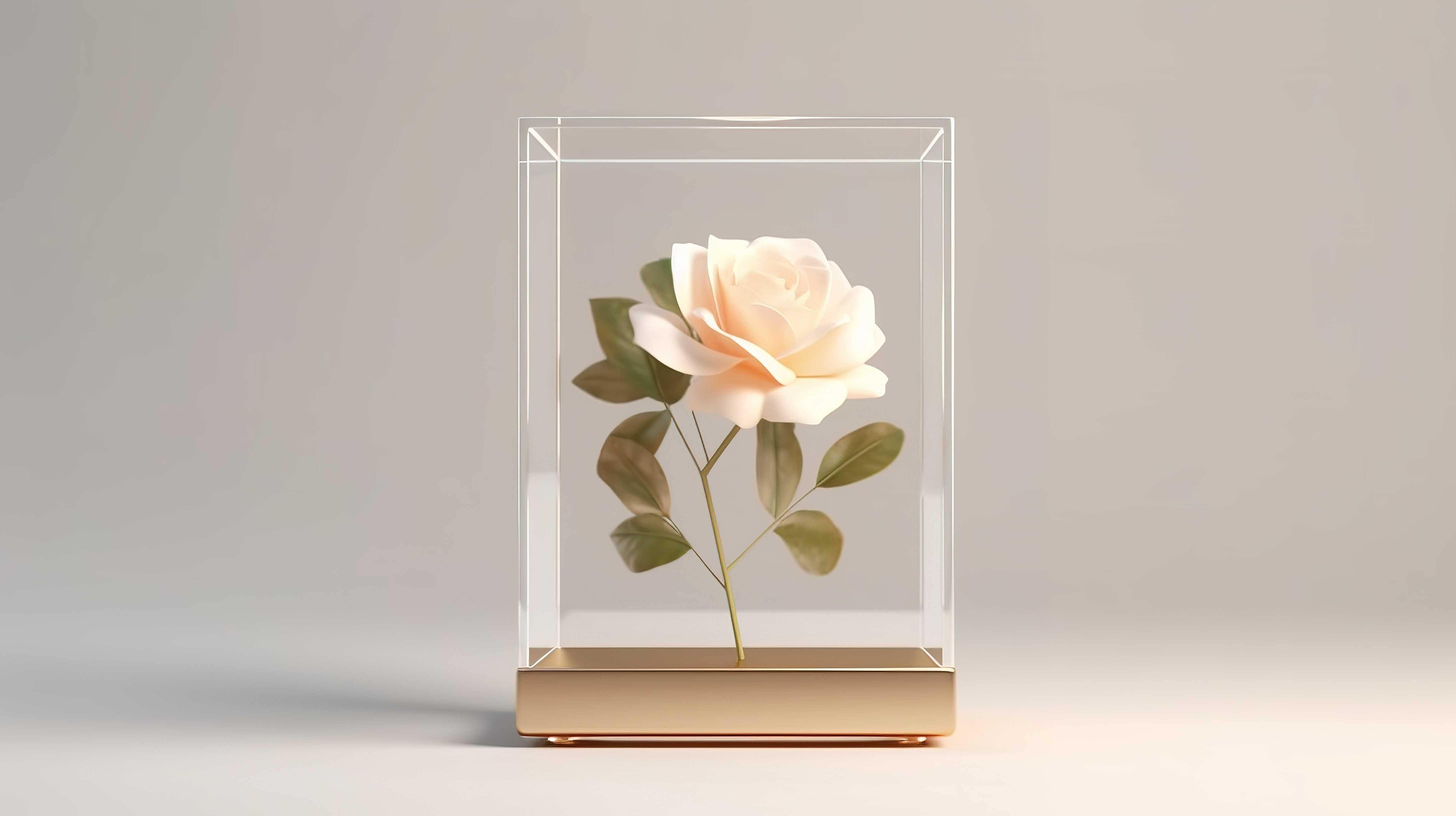 空白白色玻璃展示立方体模型中显示的米色玫瑰花的 3D 渲染图片