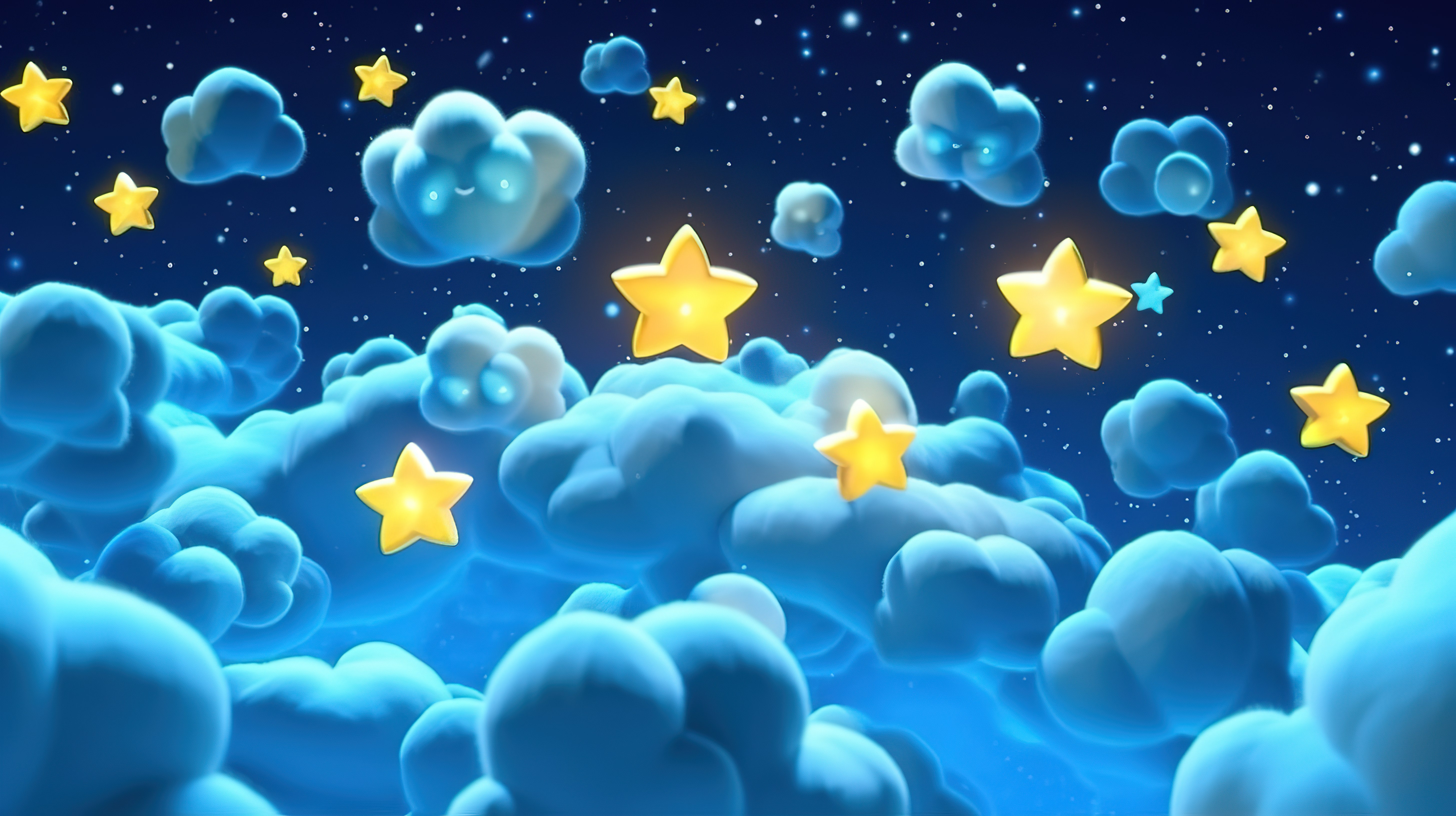 夜空与卡通发光的星星白云和气泡 3D 渲染图像图片
