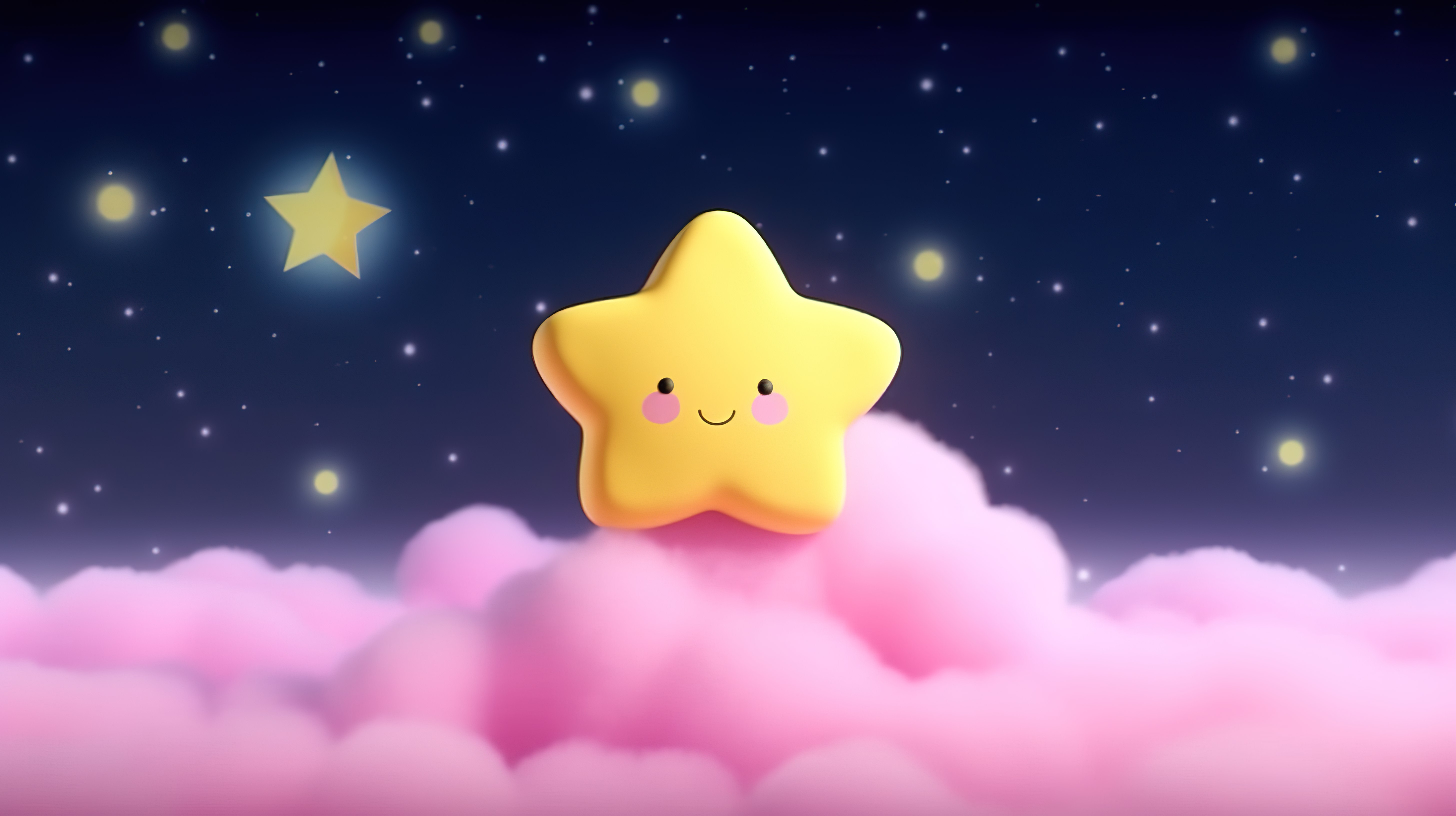 3D 渲染卡通夜景与柔和的粉红色云彩和黄色星星图片