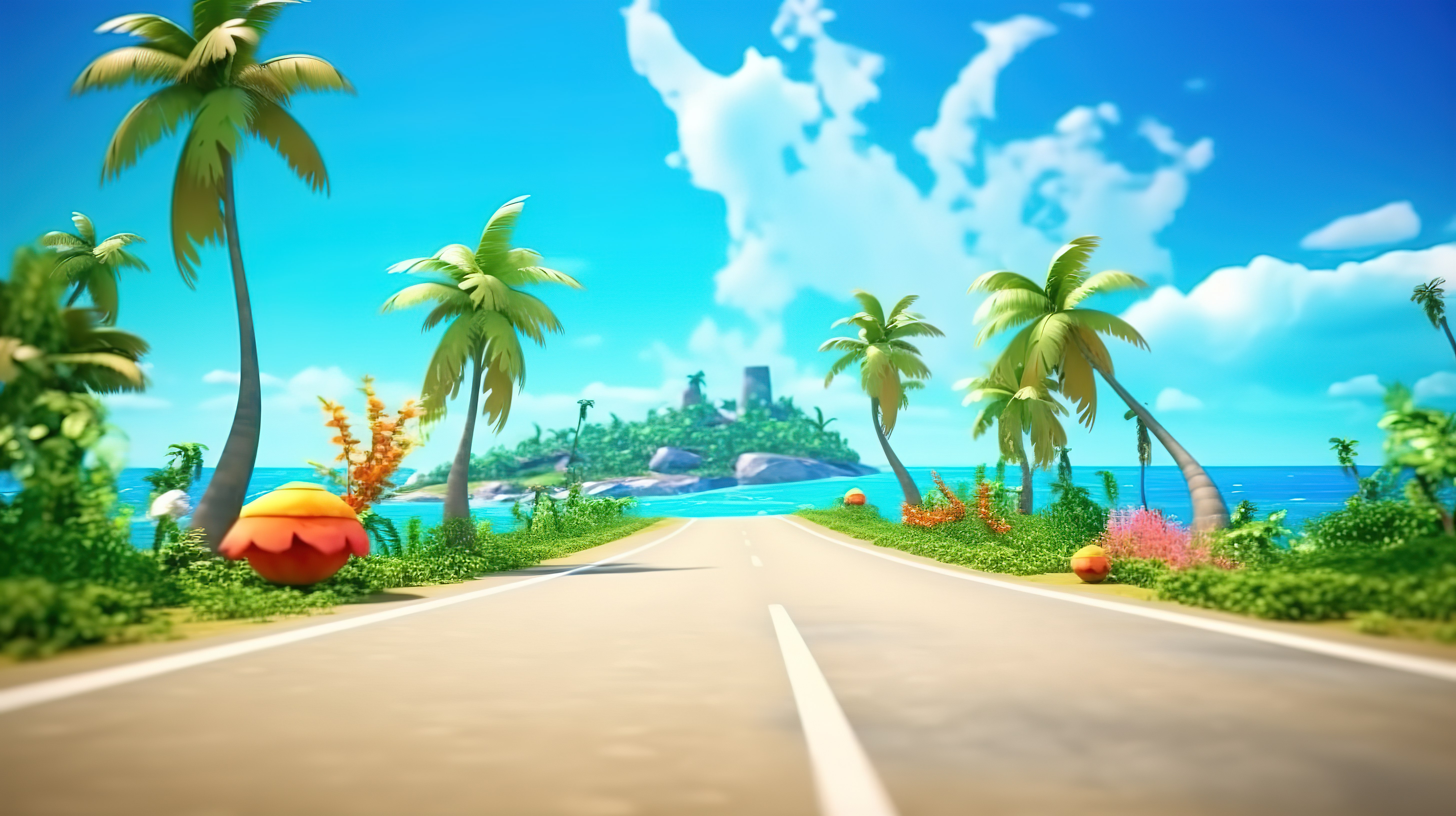 蓝天卡通热带岛屿公路旅行的 3D 渲染图片