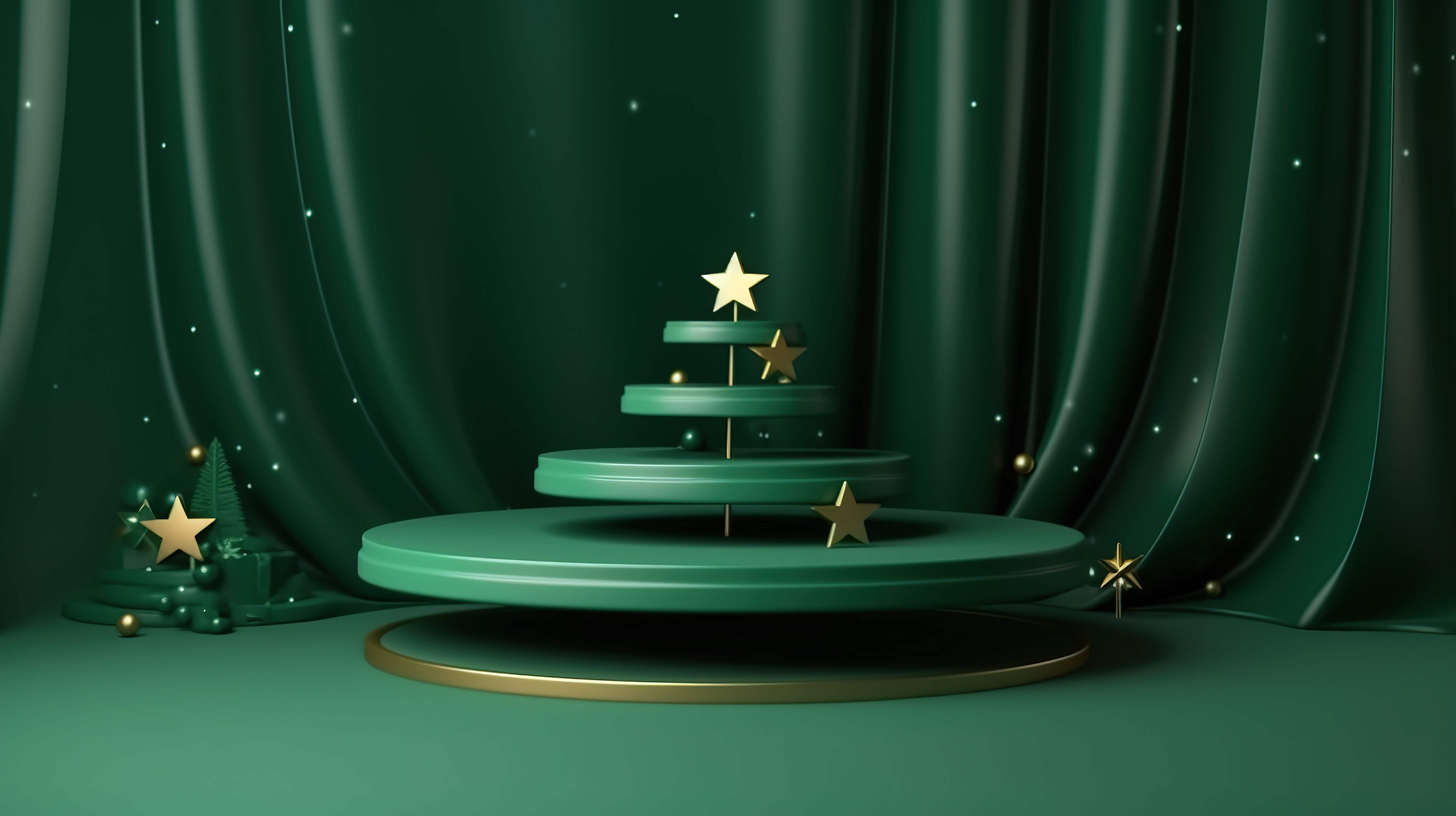 节日圣诞产品展示，配有绿色主题树和星星，非常适合促销和横幅3D 插图图片
