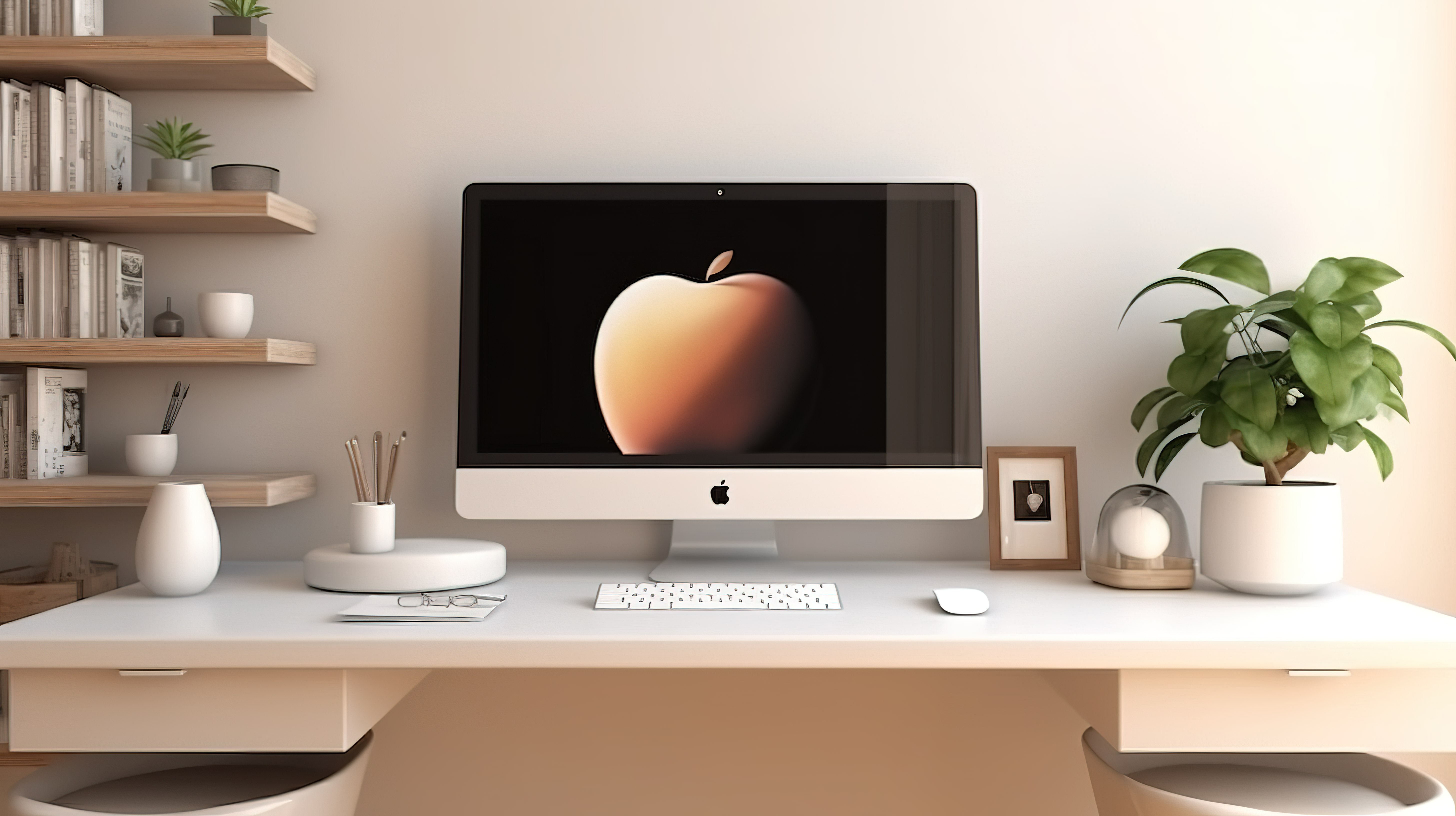 空白屏幕桌面模型和现代装饰在 3D 渲染中的电脑桌特写中展示图片