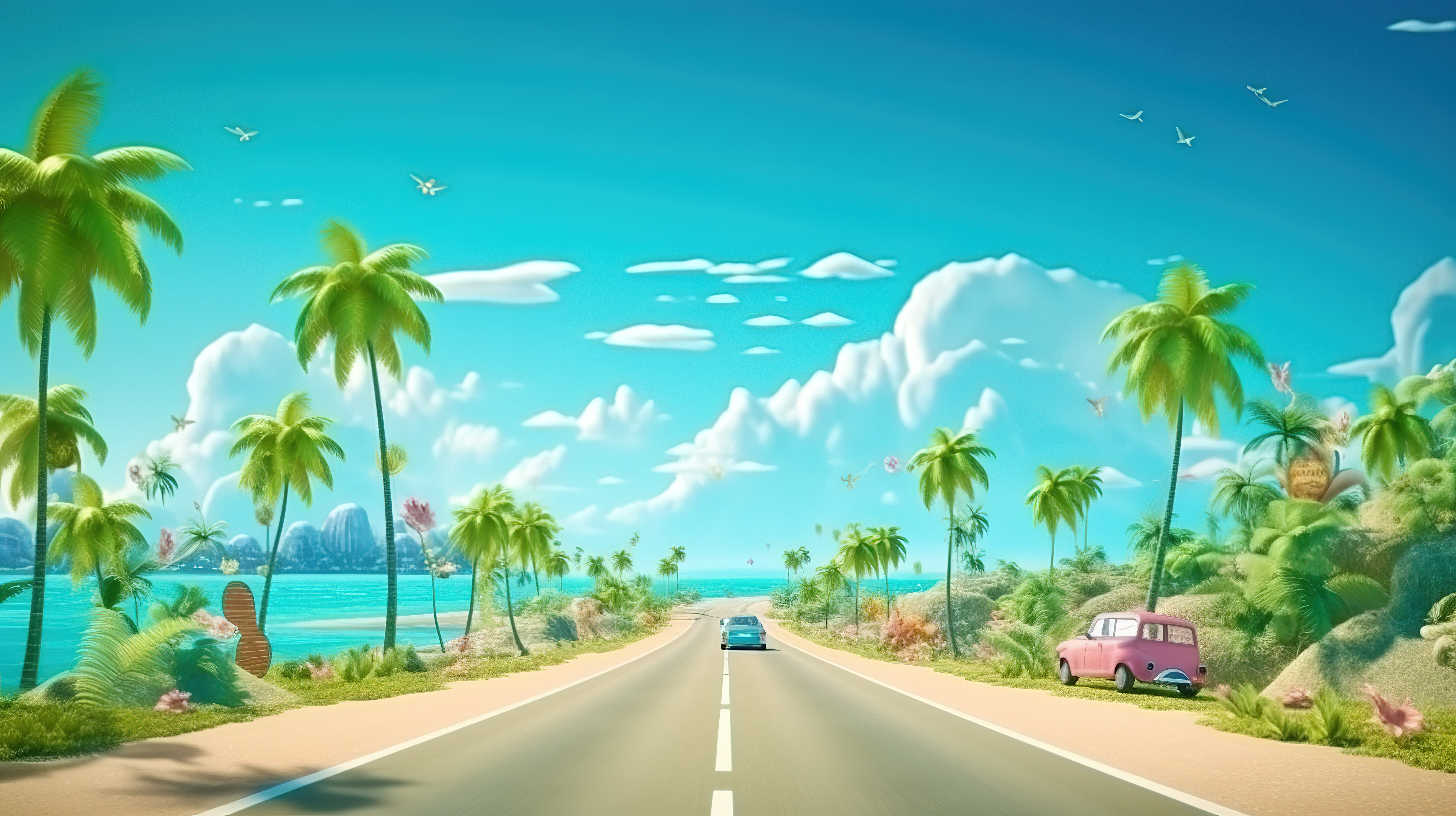 夏日天空背景下的卡通热带岛屿公路旅行的 3D 渲染图片