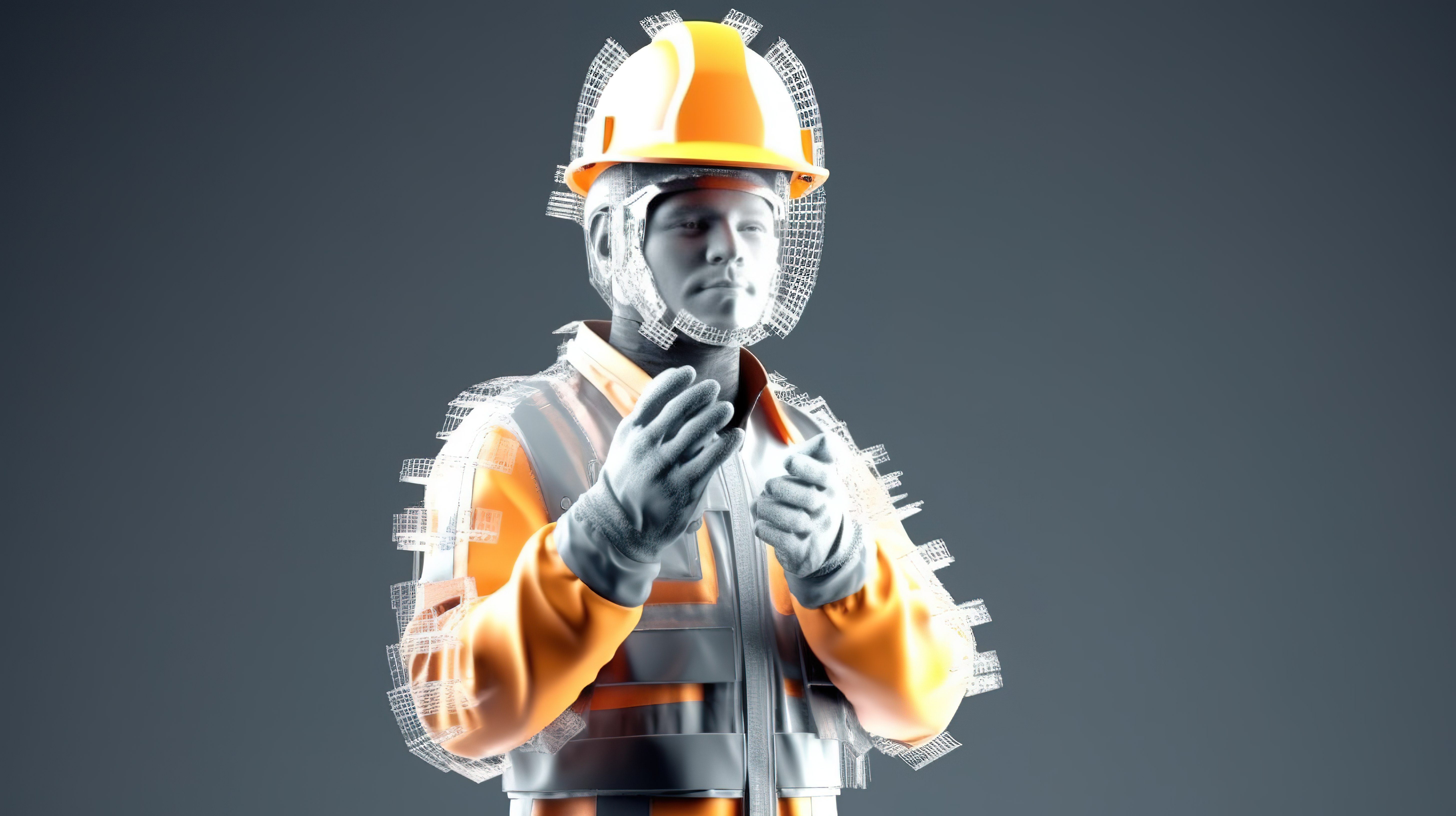 戴着安全帽和手套的建筑工人的 3d 渲染图片