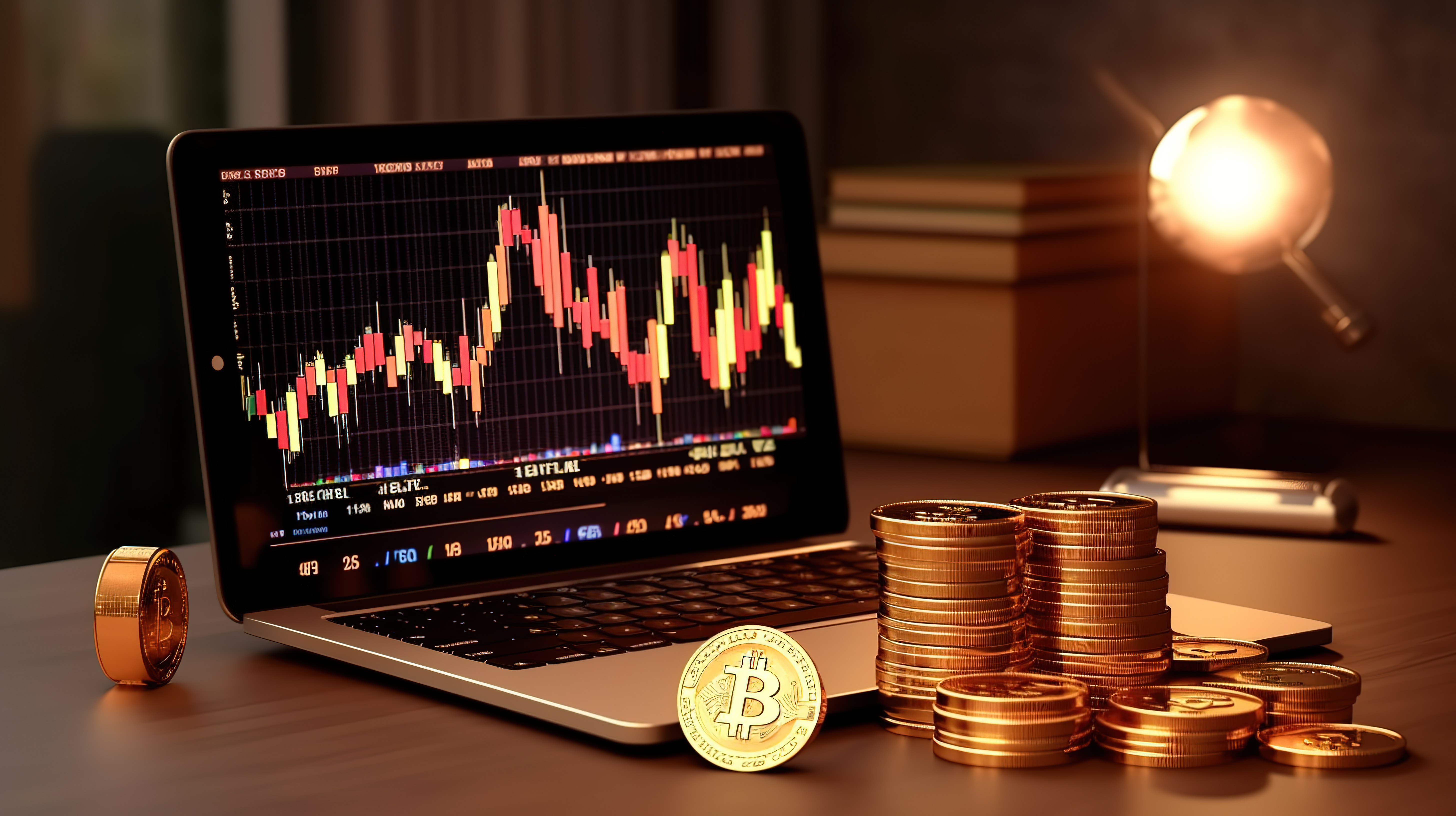 金融投资符号的 3D 插图，包括计算机上的比特币烛台图和硬币图片