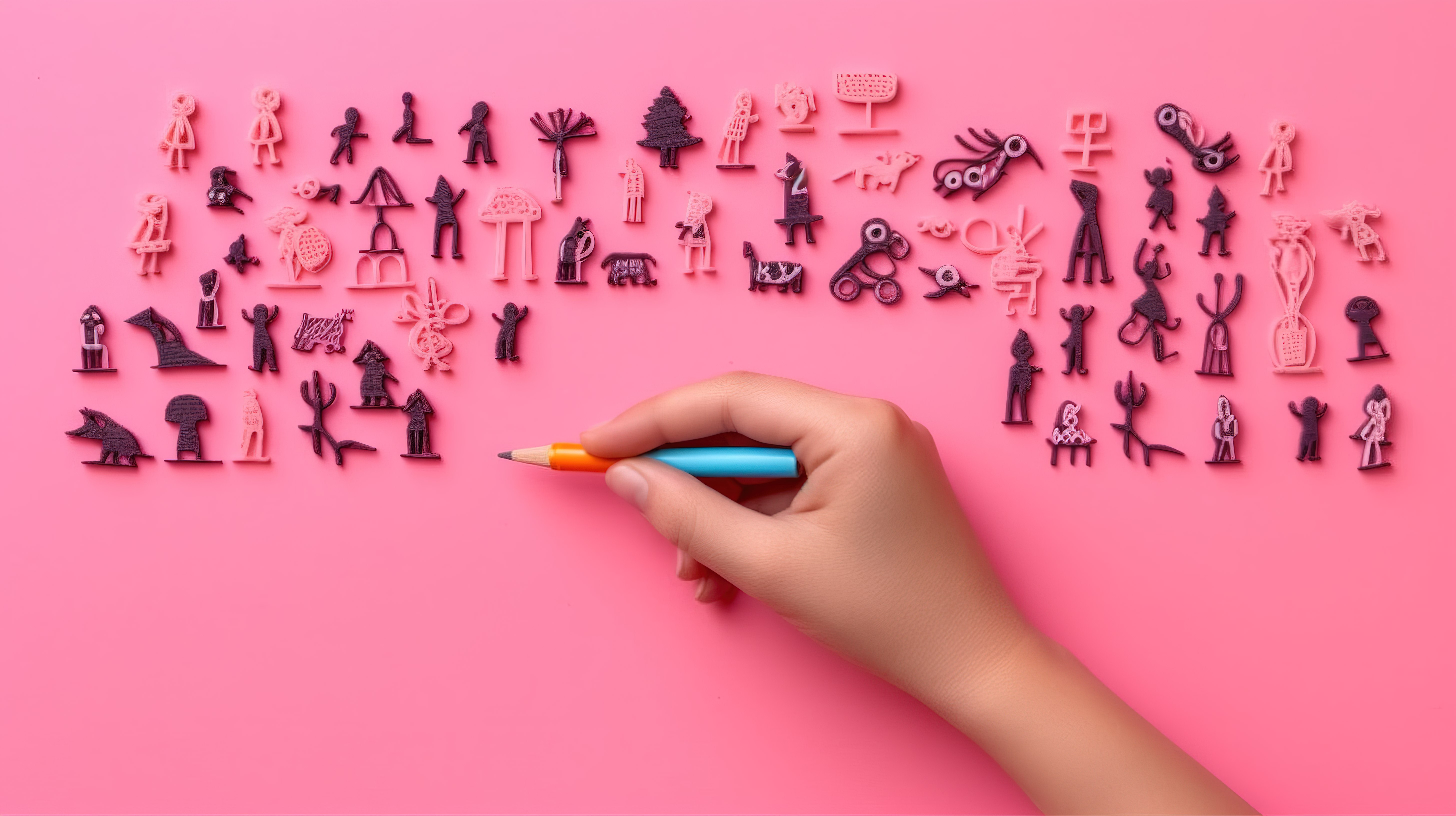 孩子们用笔在粉红色背景上制作 3D 人物的顶视图图片