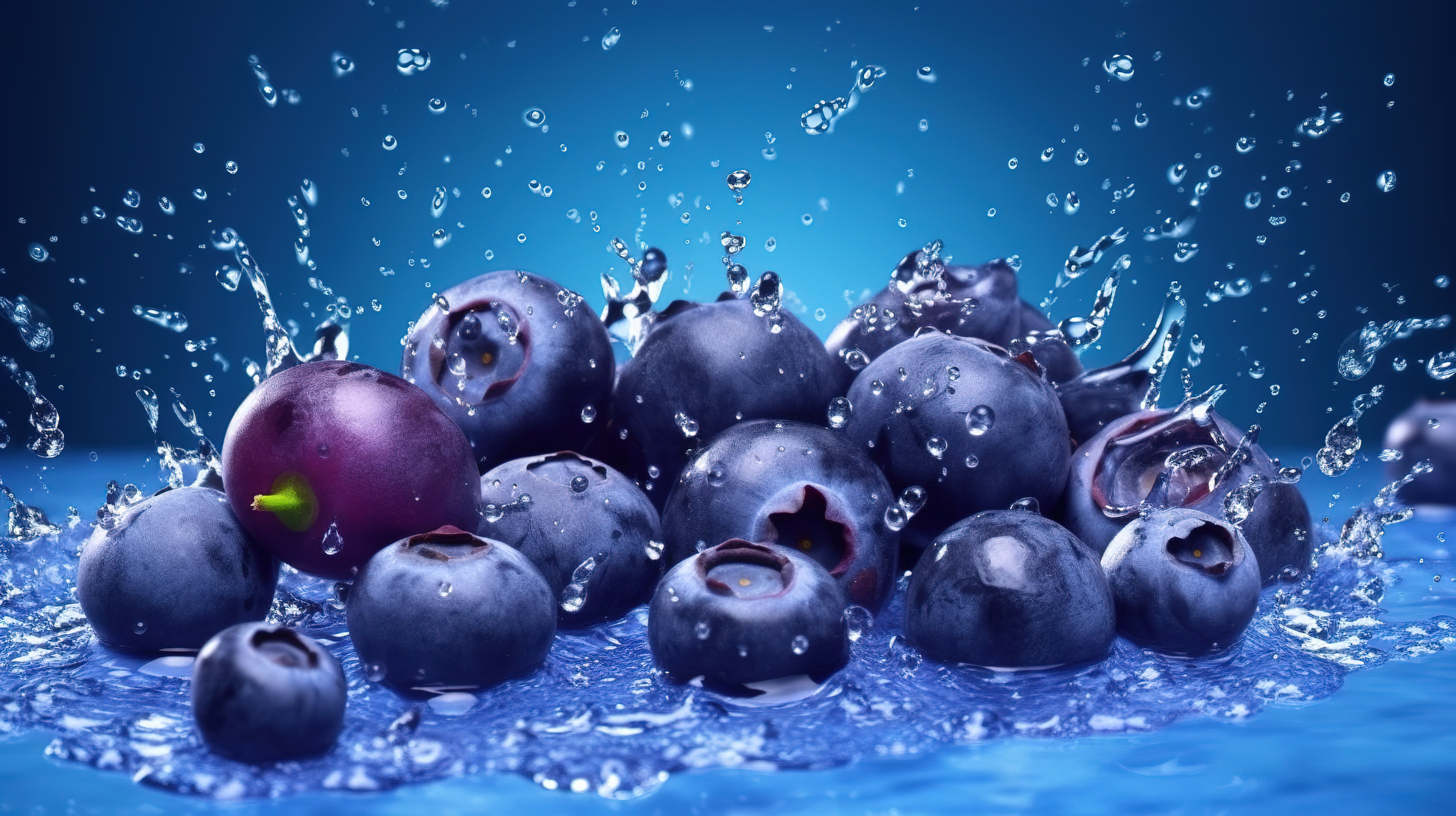 紫色背景下蓝莓溅入水中的 3D 插图图片