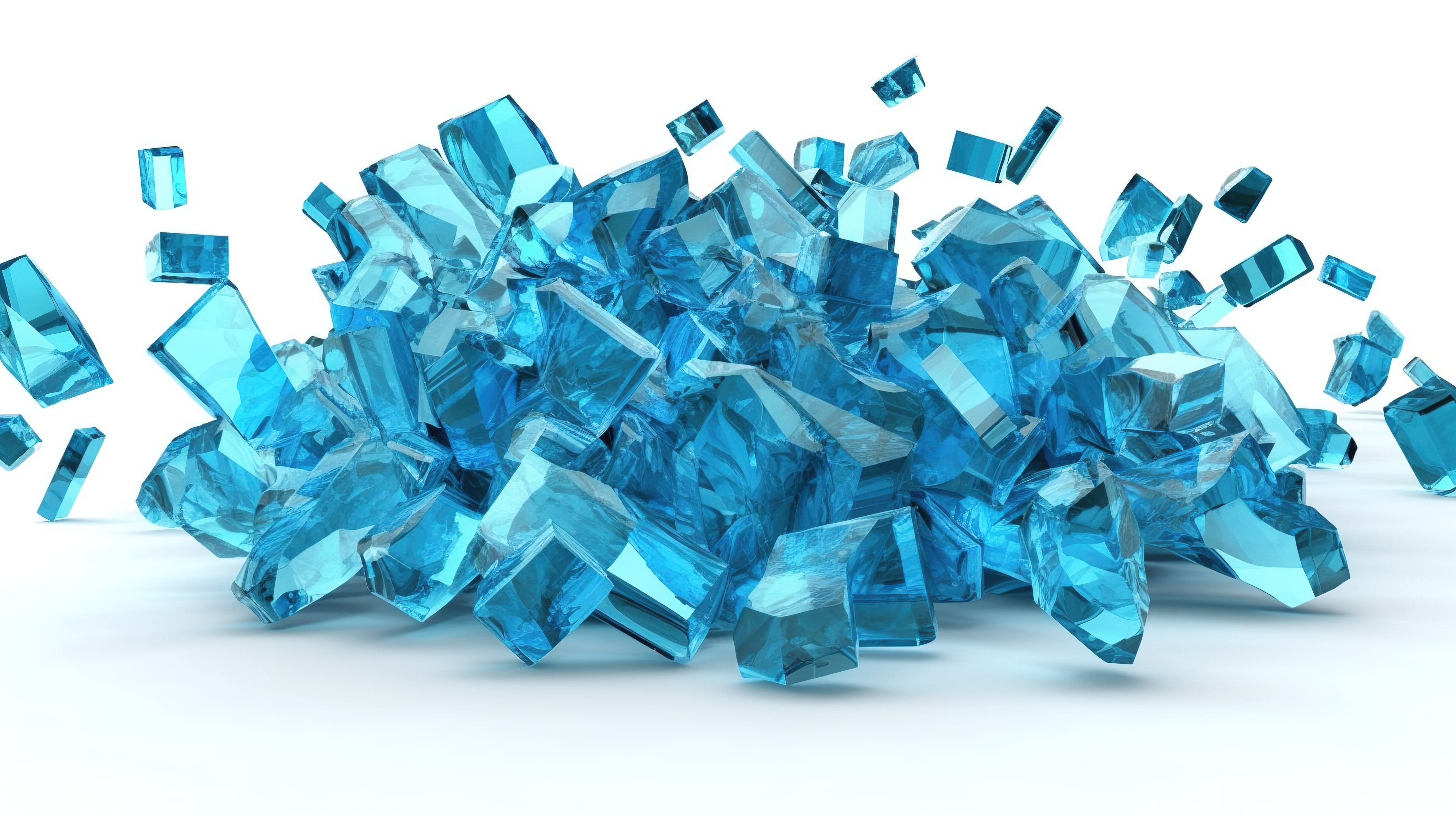 在白色背景 3D 渲染上隔离的运动中蓝色玻璃的破碎碎片图片