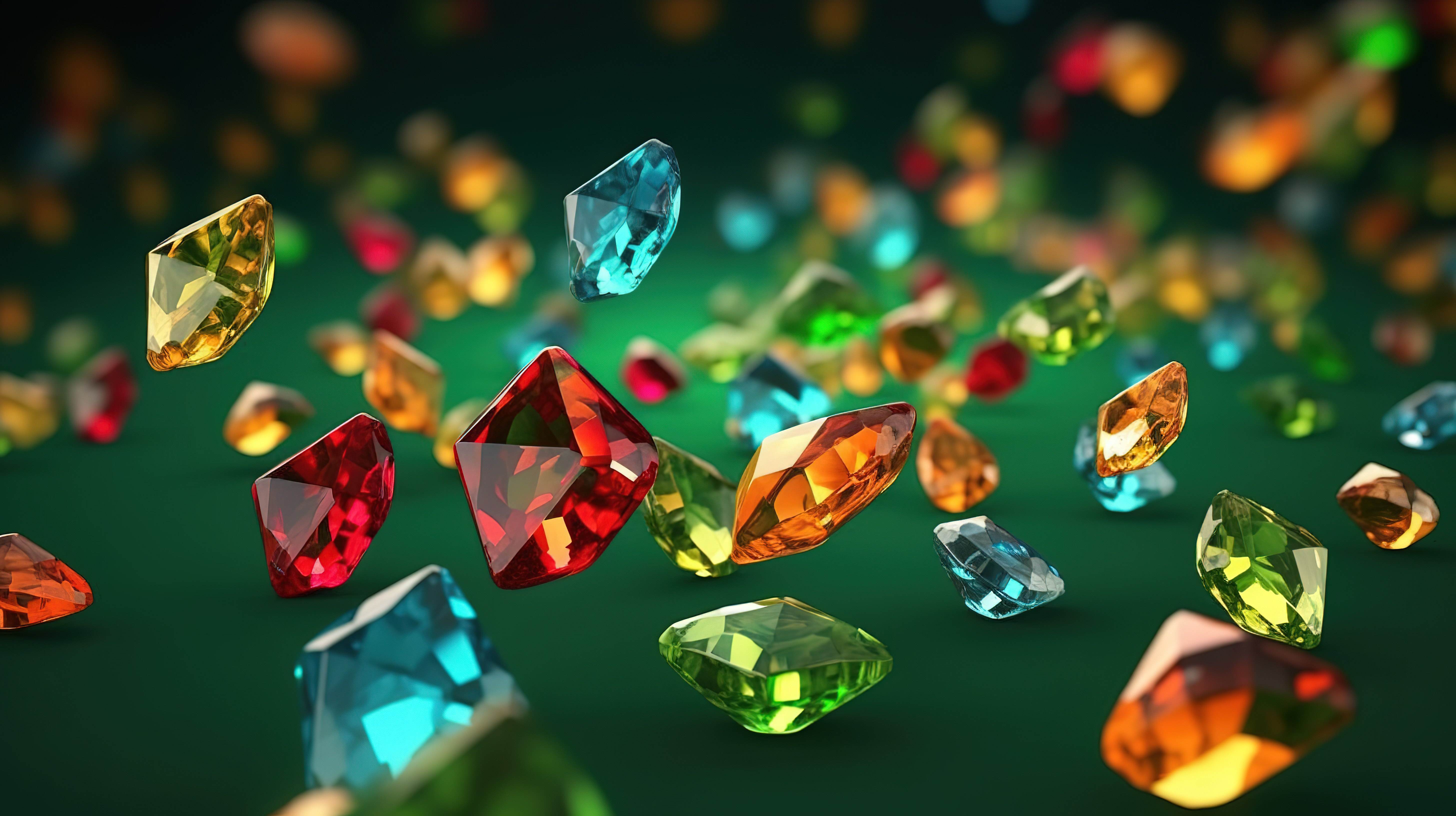 充满活力的珠宝在 3D 视觉效果中层叠在郁郁葱葱的绿色背景上图片