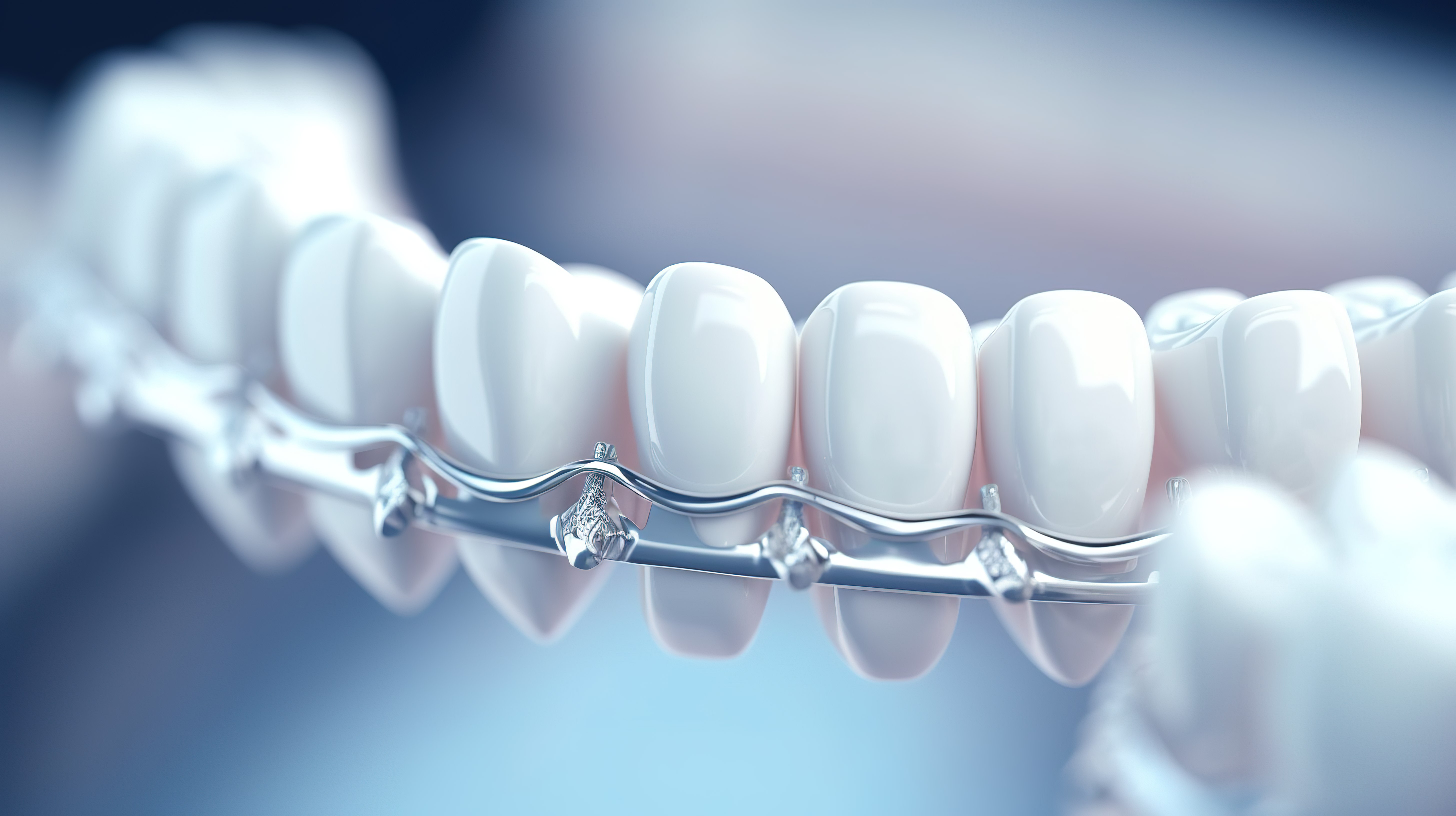 详细的 3D 渲染支撑牙齿特写，有选择地关注健康和过程图片