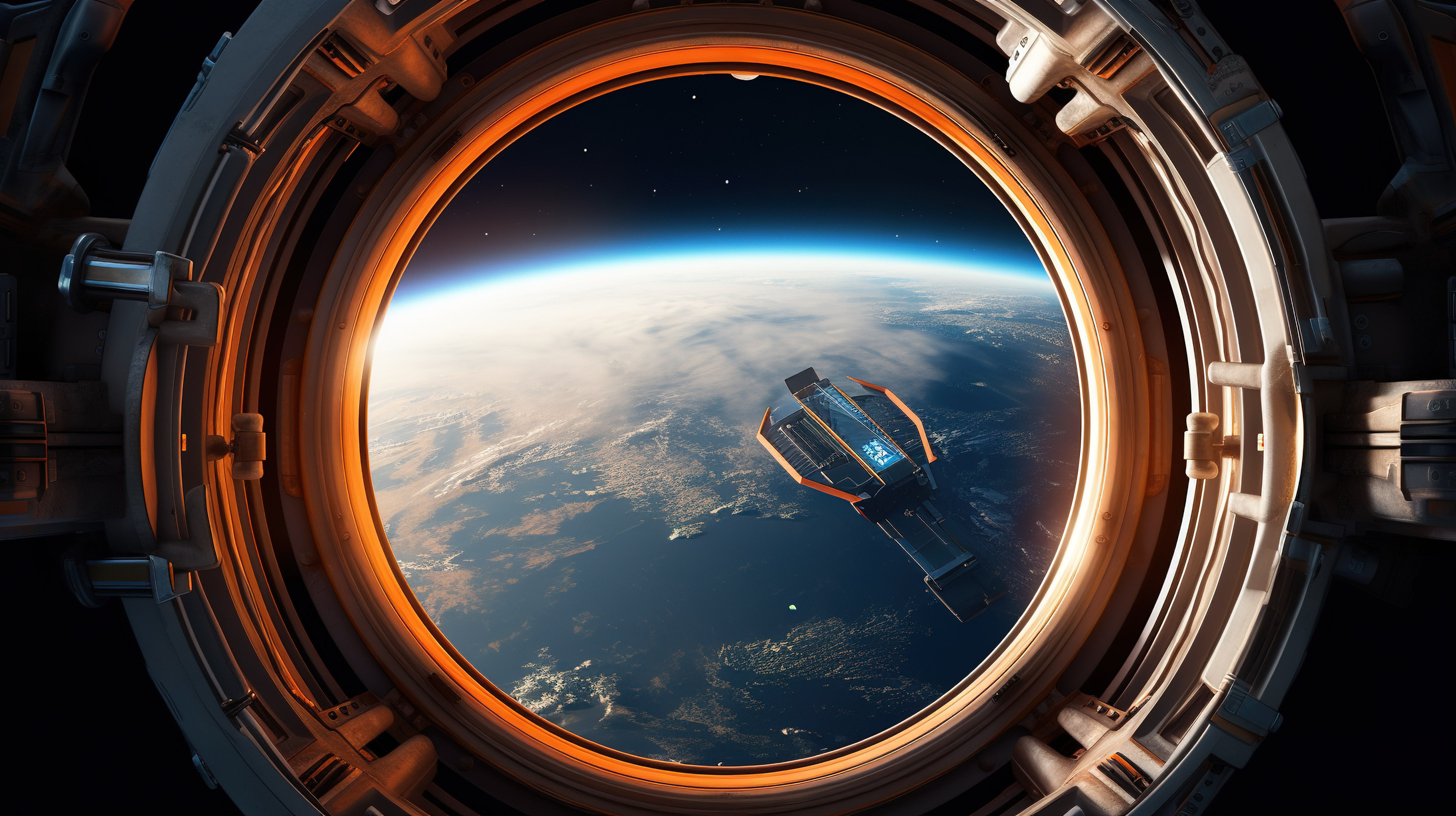 宇航员通过宇宙飞船窗户舷窗凝视地球，并使用 NASA 元素 3D 渲染进行增强图片