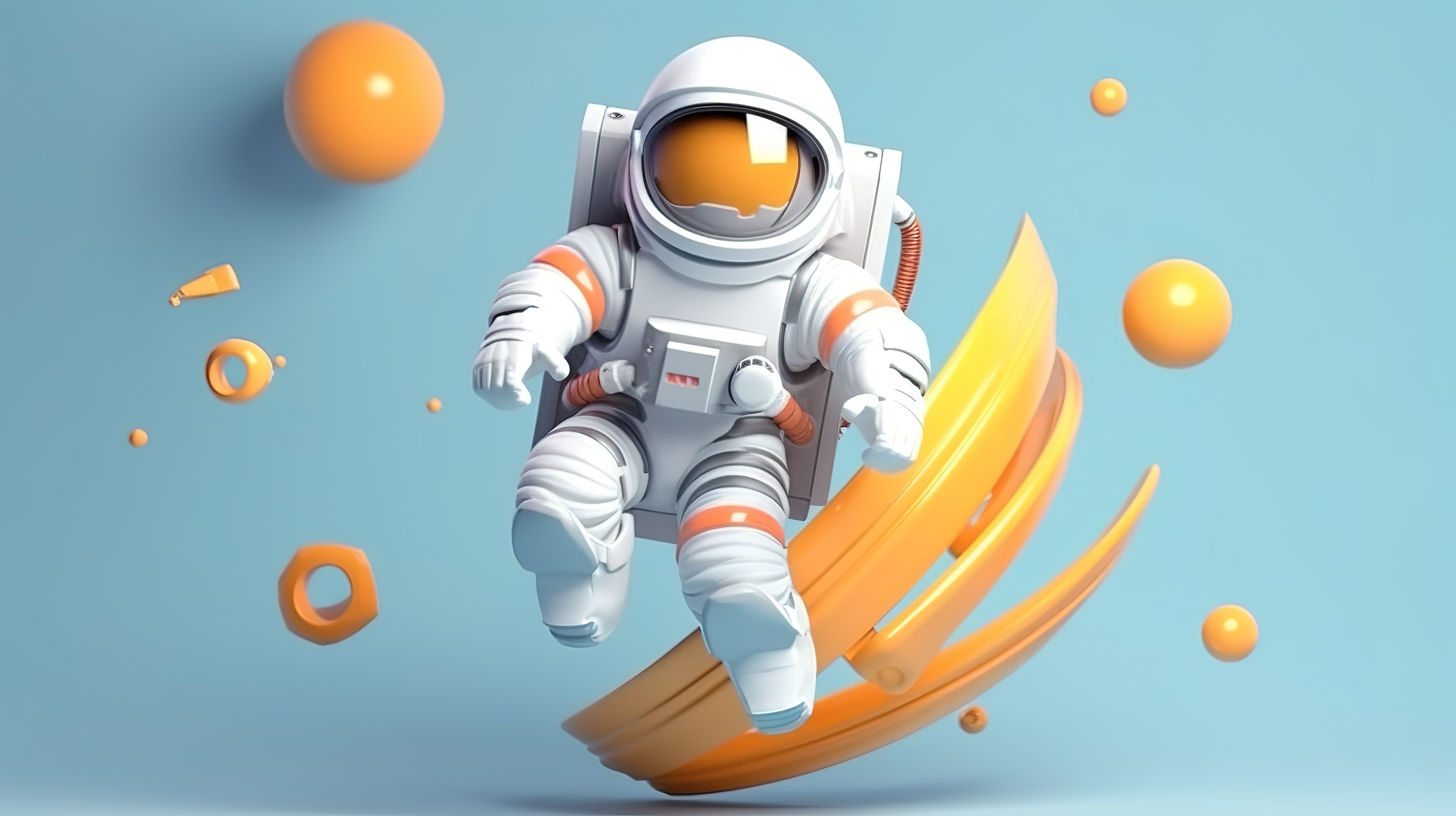 宇航员用火箭翱翔的创新 3D 渲染和用于 Web 开发横幅的视频播放按钮图片