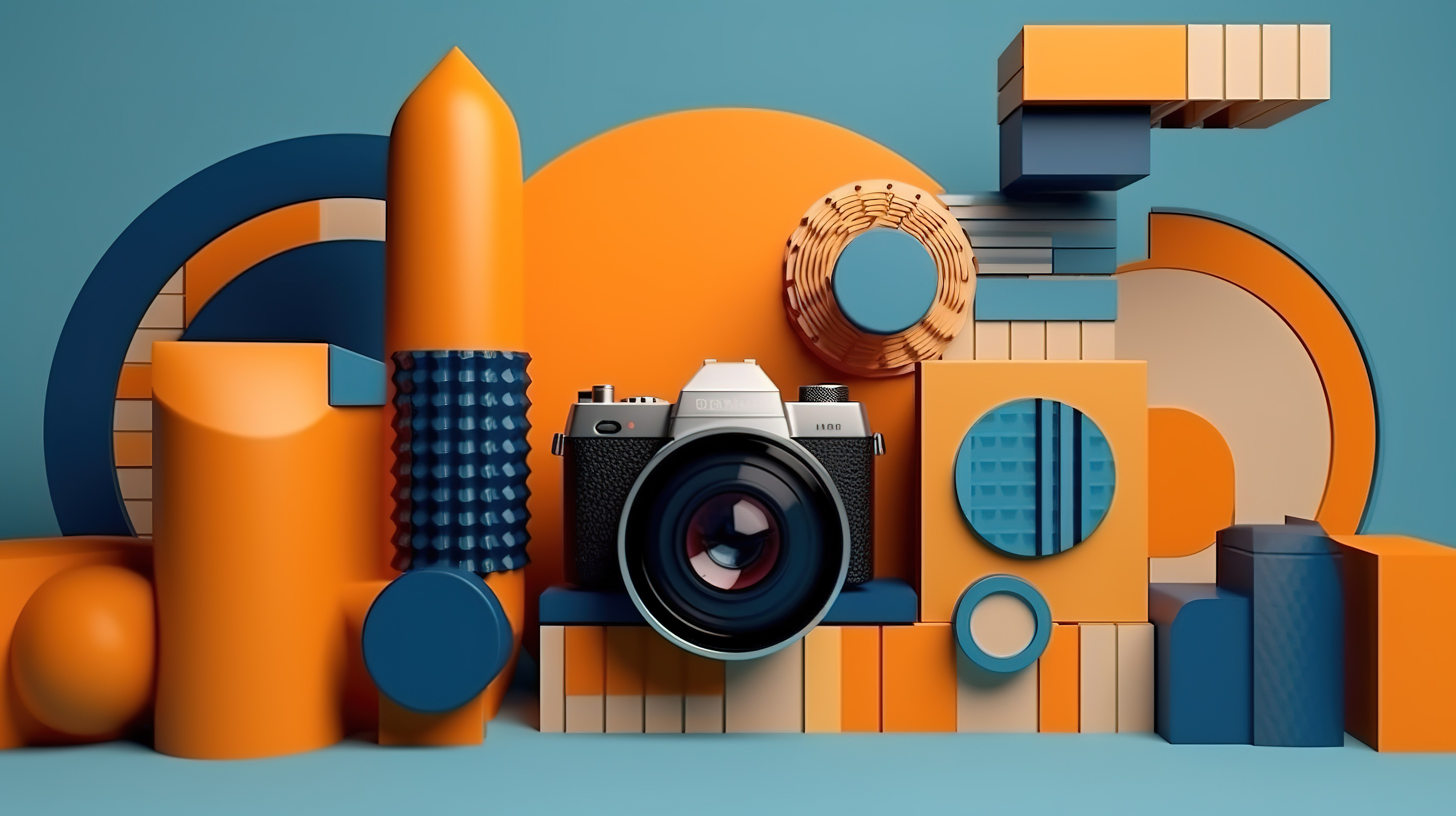 通过 3D 渲染中所示的相机镜头组成的橙色蓝色色调的几何孟菲斯风格形状图片