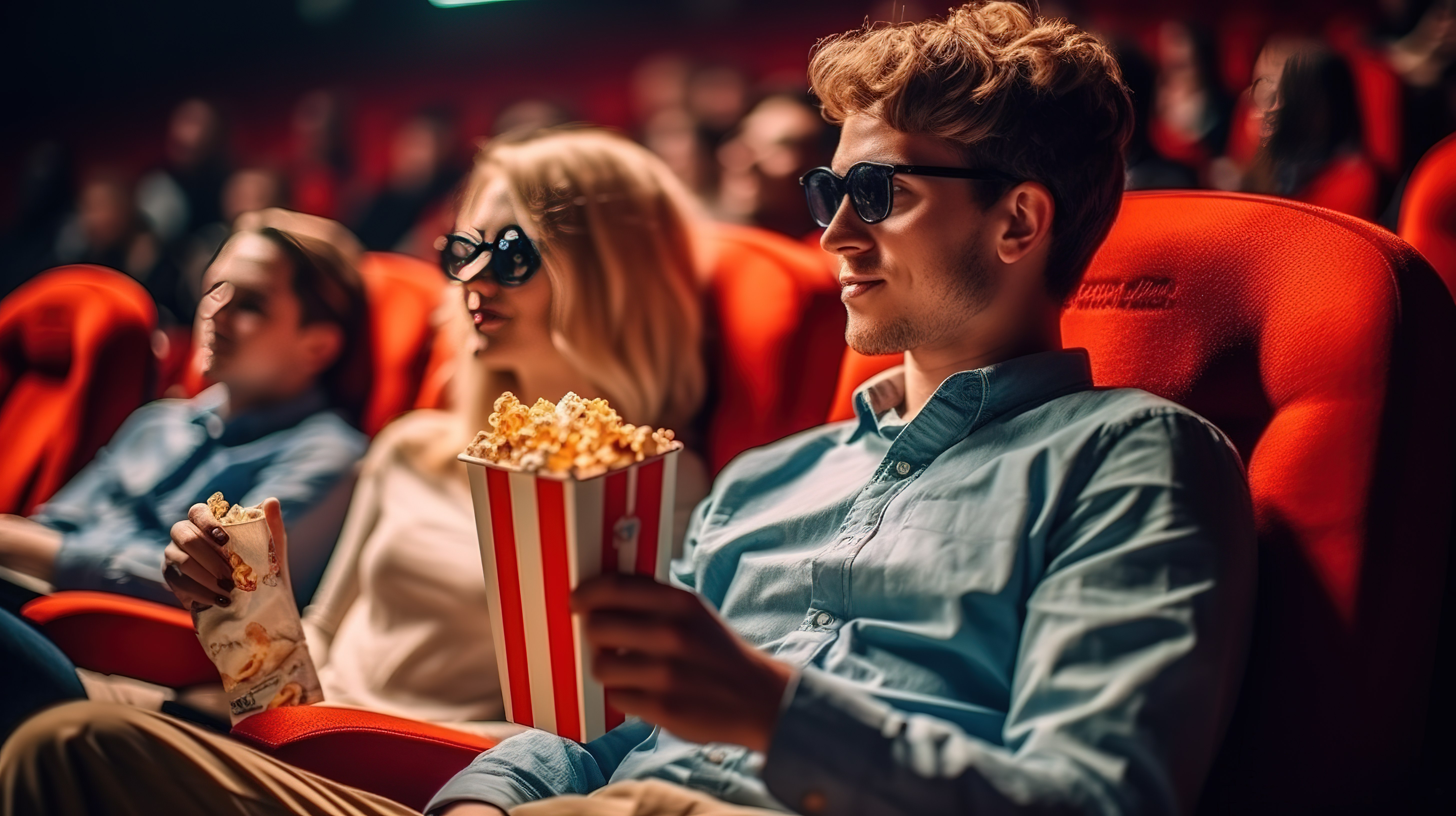 去电影院看电影的情侣戴着 3D 眼镜享用爆米花图片