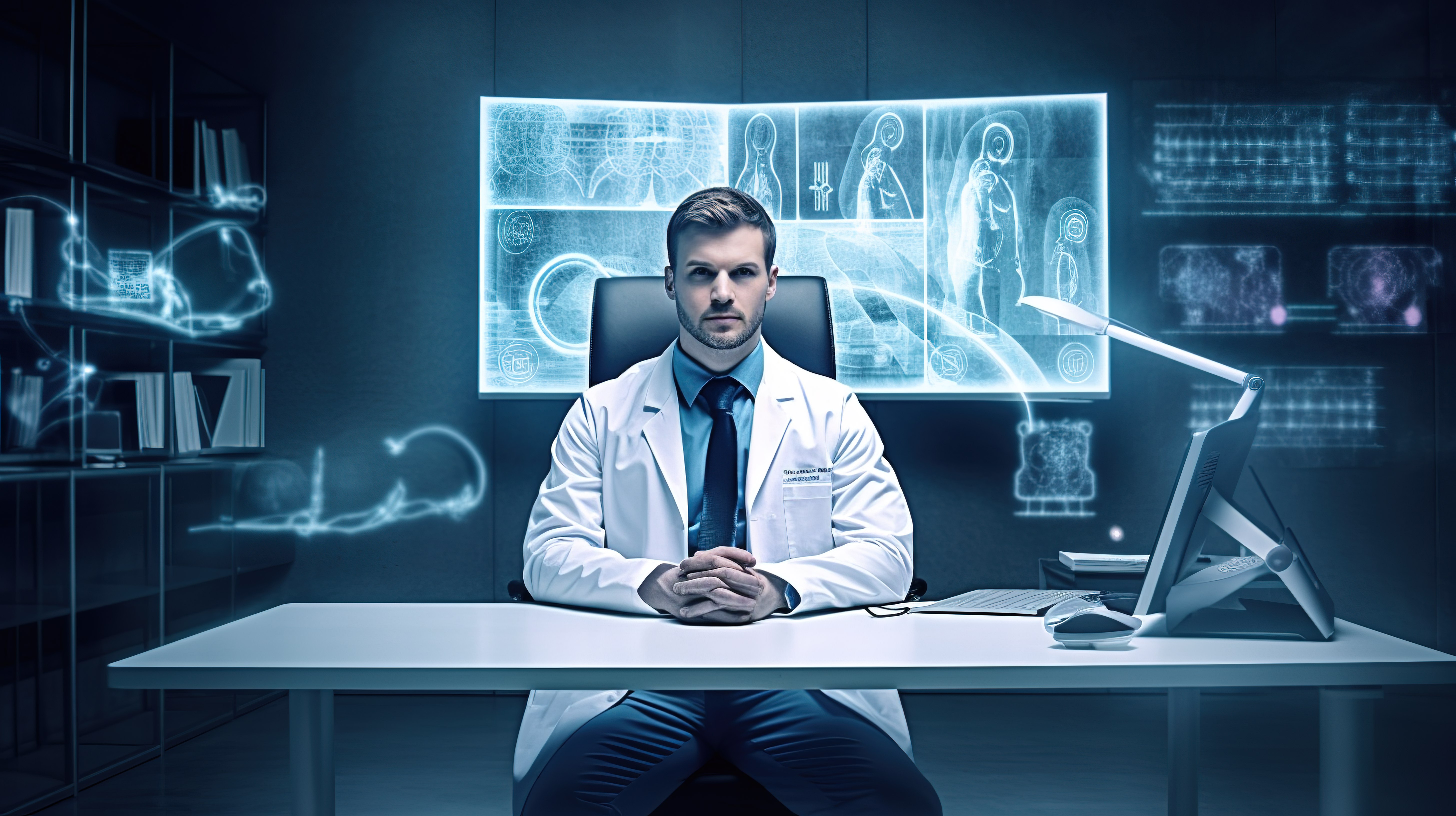 一位熟练的男医生在电脑桌前自信地摆姿势的 3D 合成图像图片