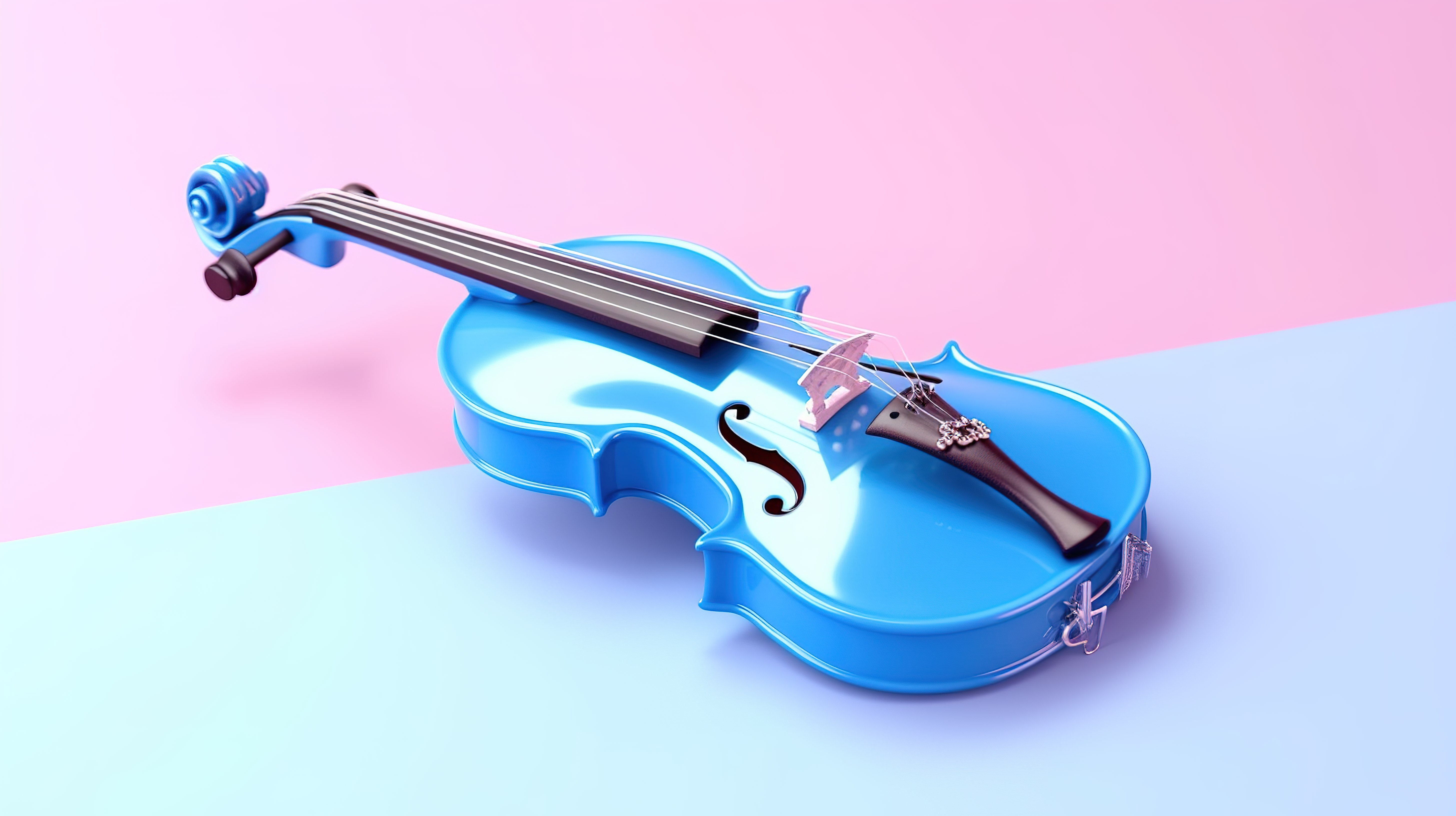 粉色背景 3D 渲染图像上带有双色调弓的经典蓝色小提琴图片