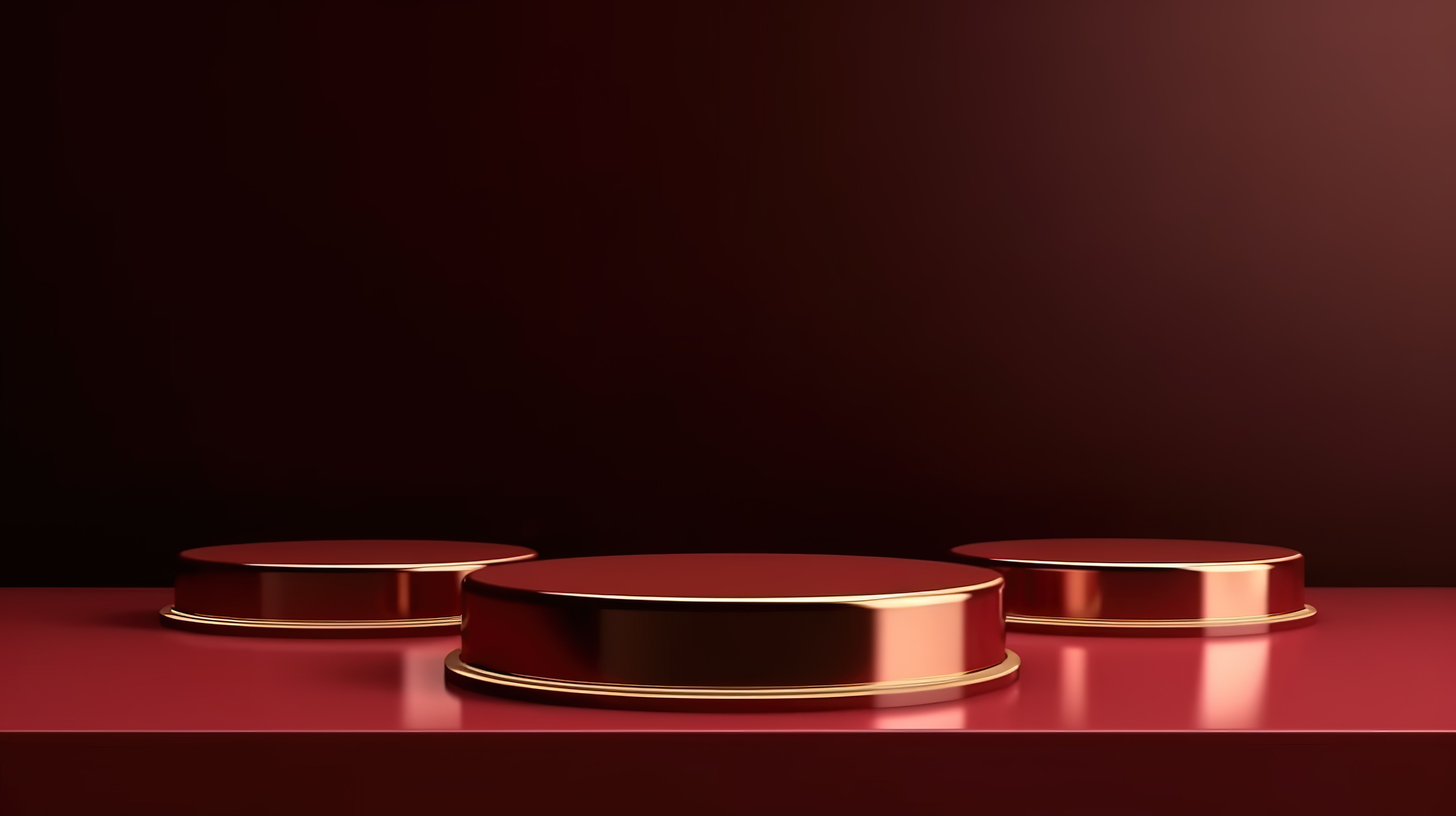 简约奢华的三个金色衬里基座在奢华背景下展示 3D 深红色产品图片
