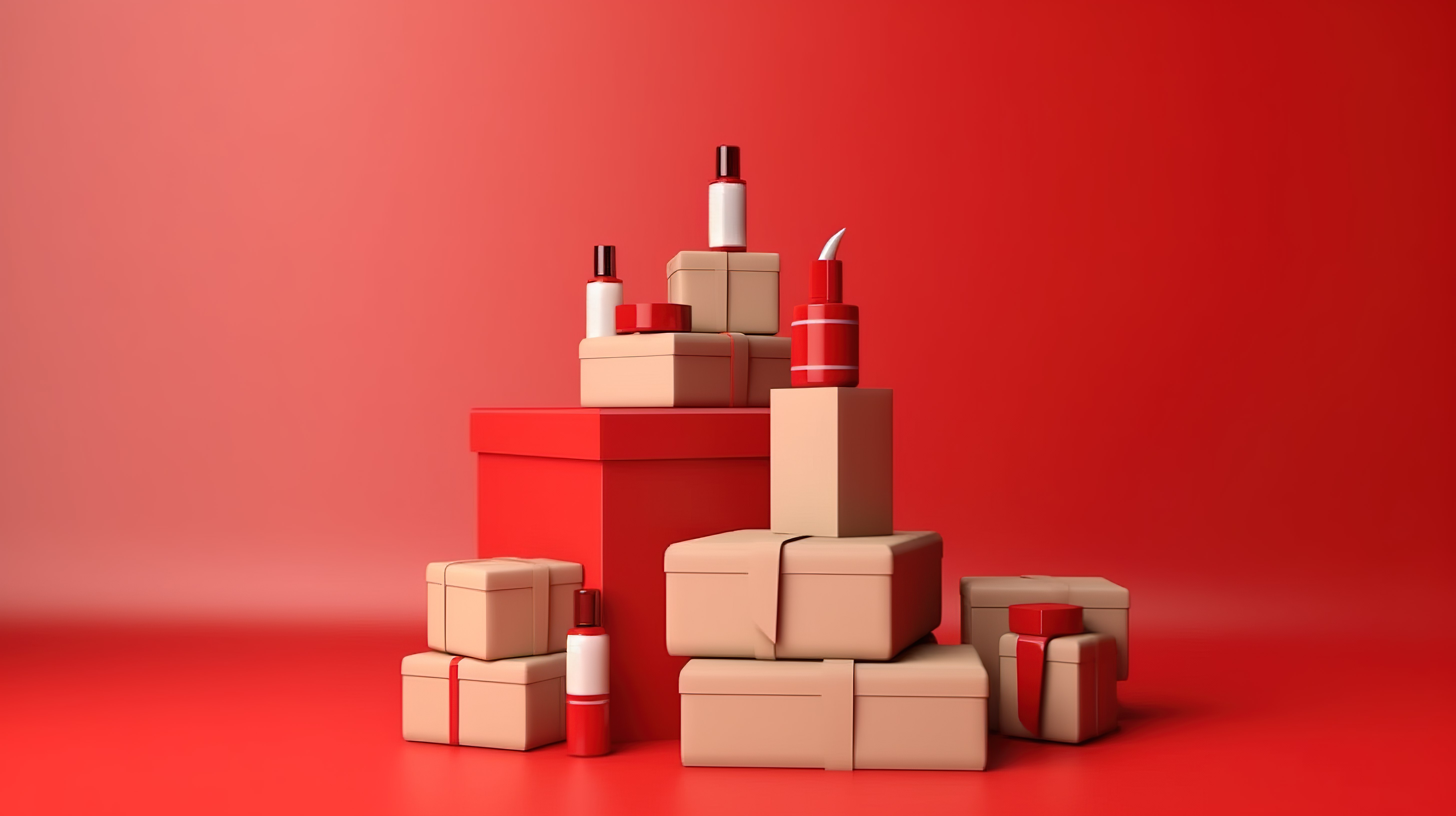 红色购物盒讲台上展示化妆品瓶，周围是一堆纸板礼盒 3D 渲染图片