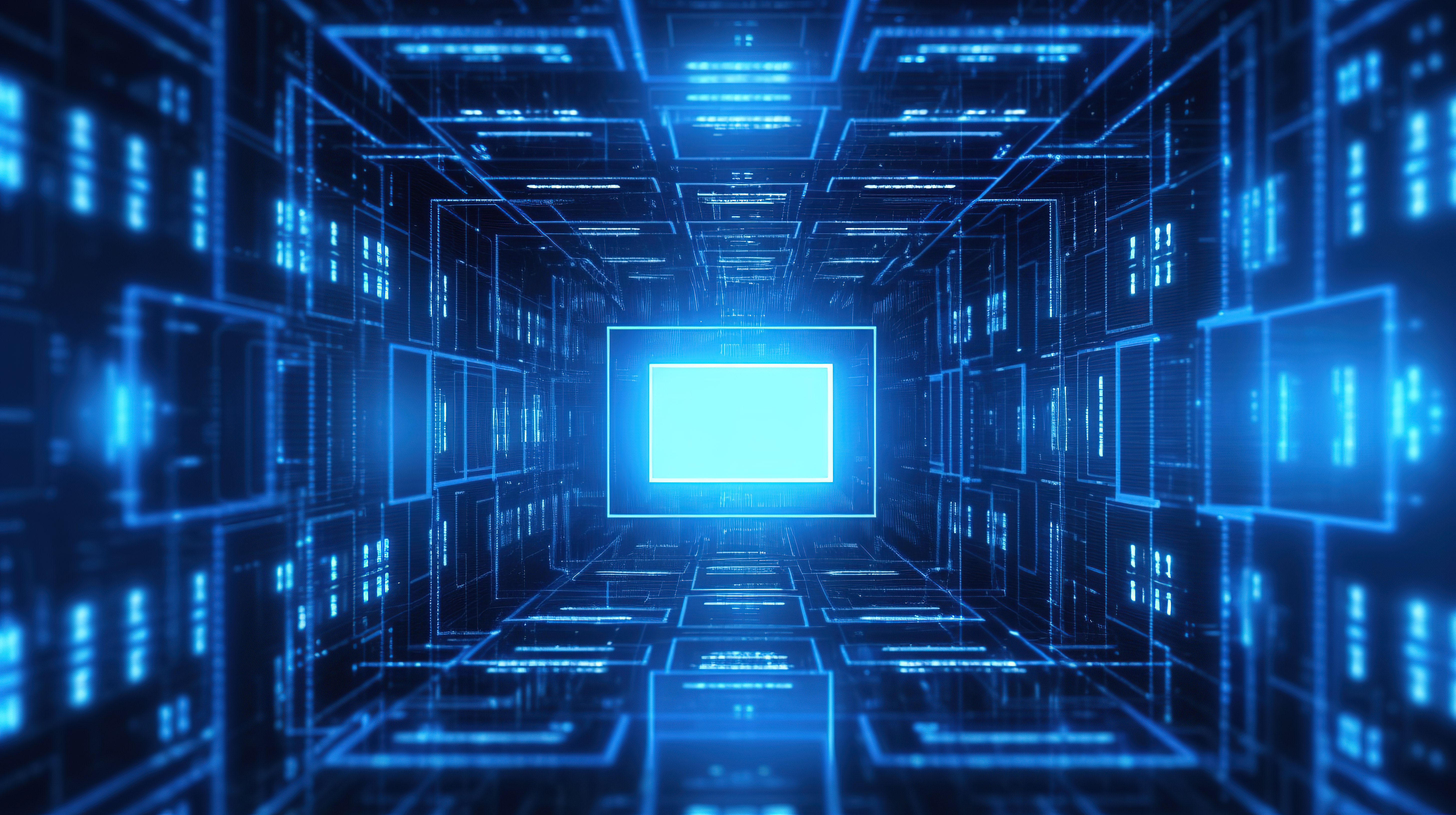 蓝色发光编码编程背景的 3D 渲染，带有大方形模型框架，非常适合大数据和代码概念设计图片