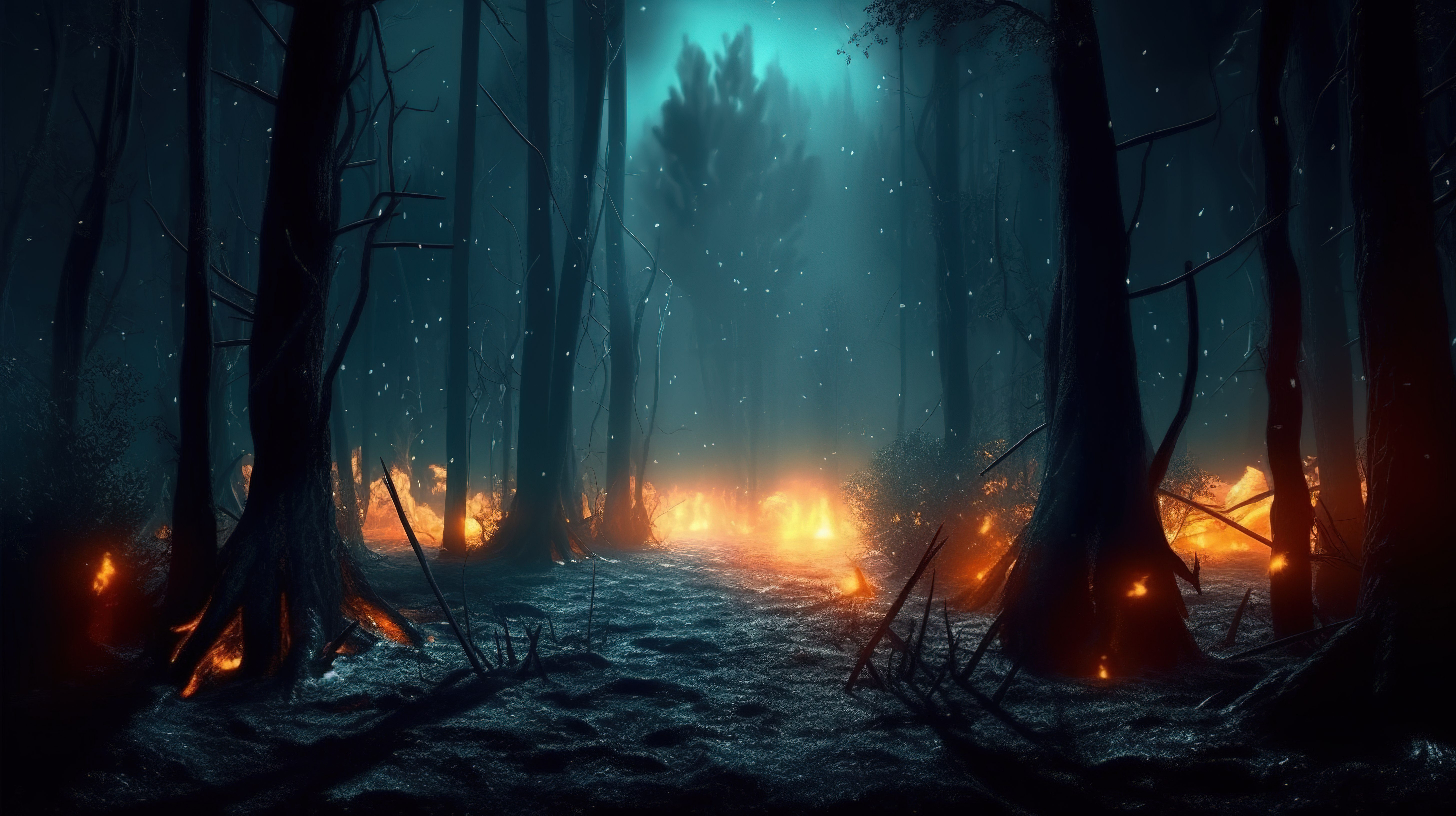 迷人的 3D 插图描绘了一个雾蒙蒙的夜晚，烧焦的橙色萤火虫在黑暗森林中变黑的树干周围飞舞图片