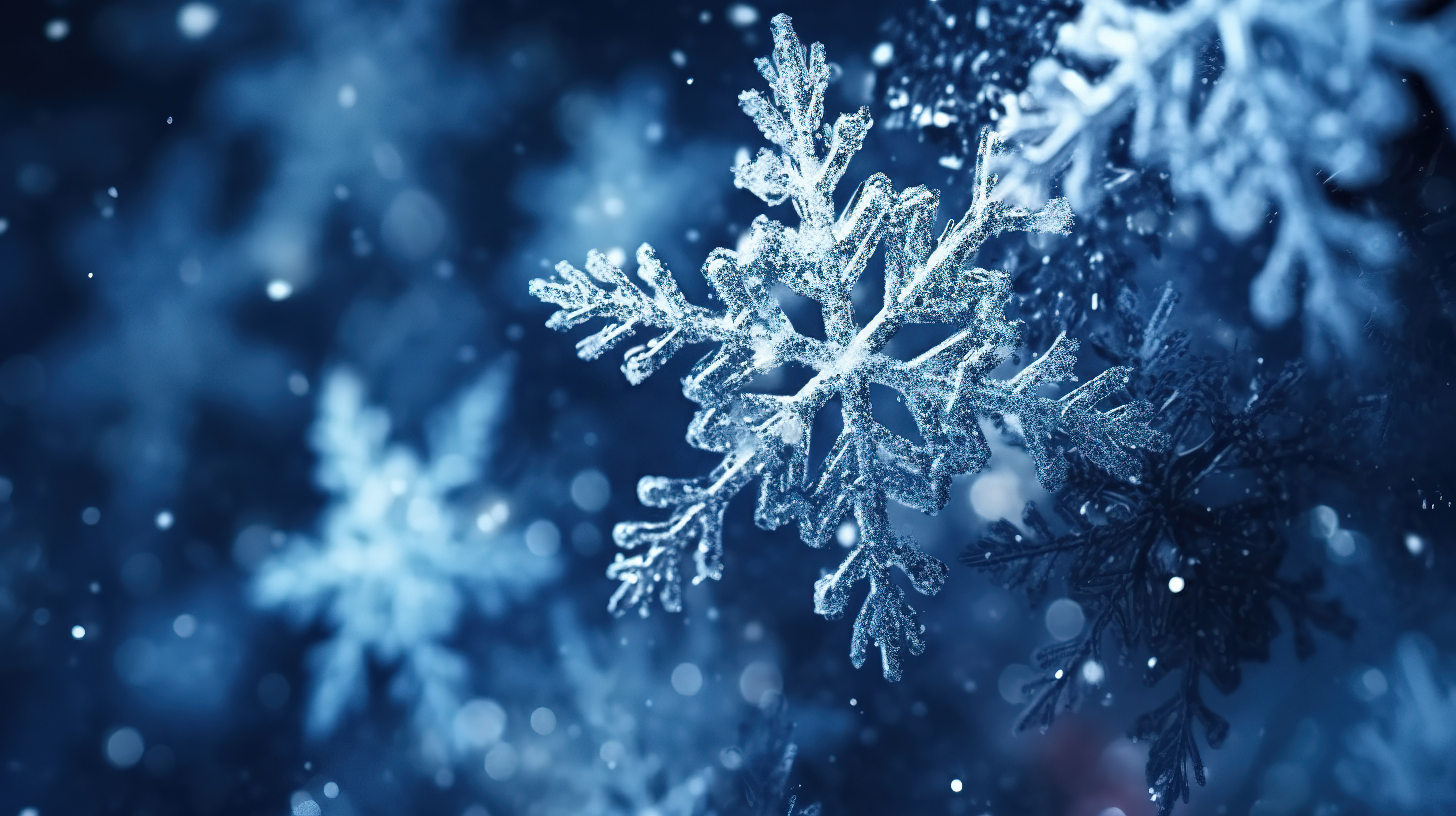 雪和雪花动态运动的详细视图以精致而华丽的 3D 电影插画风格呈现电影般的冬季背景图片