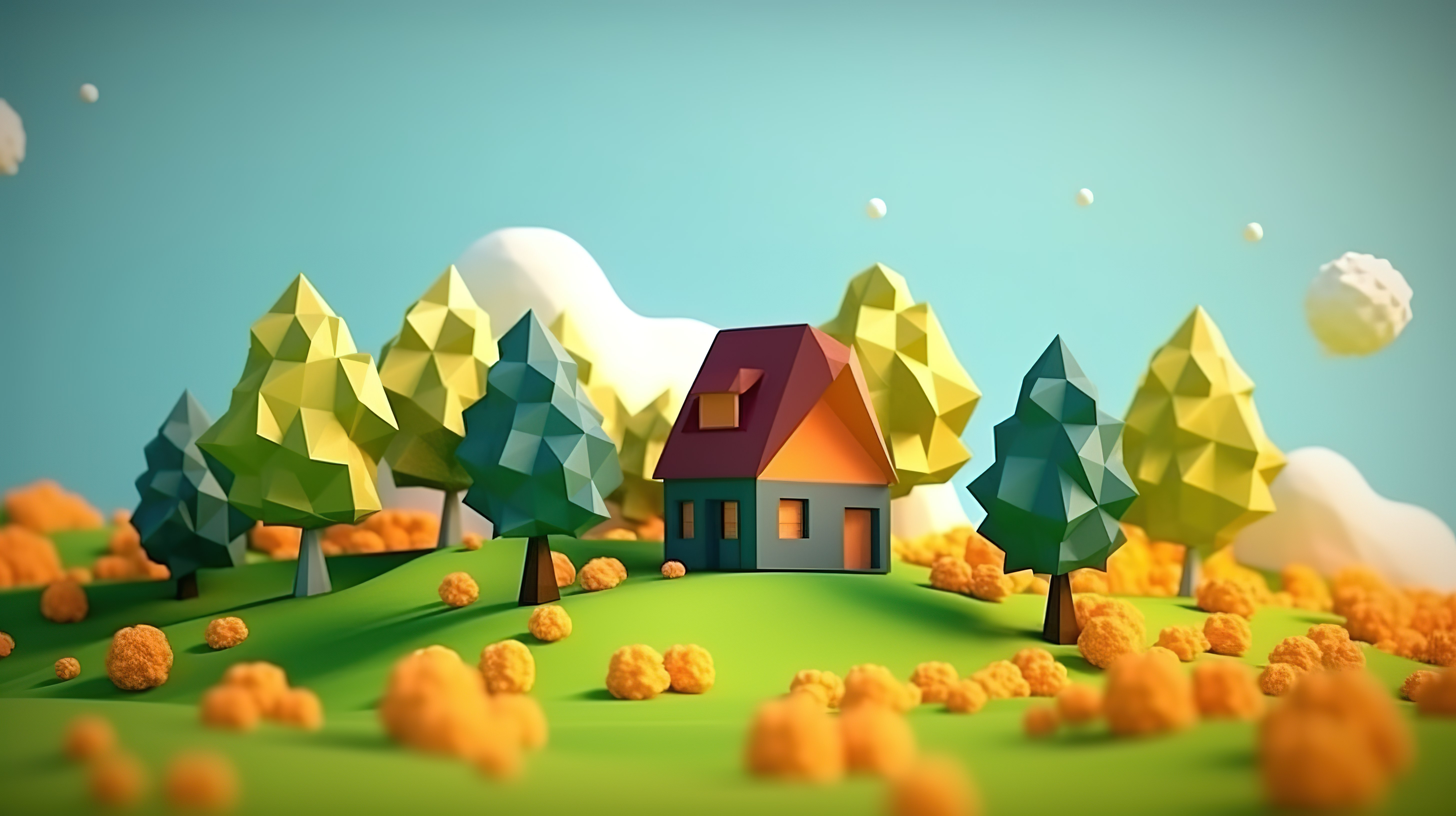 迷人的乡村场景与 3D 建模的多边形树木和房子图片