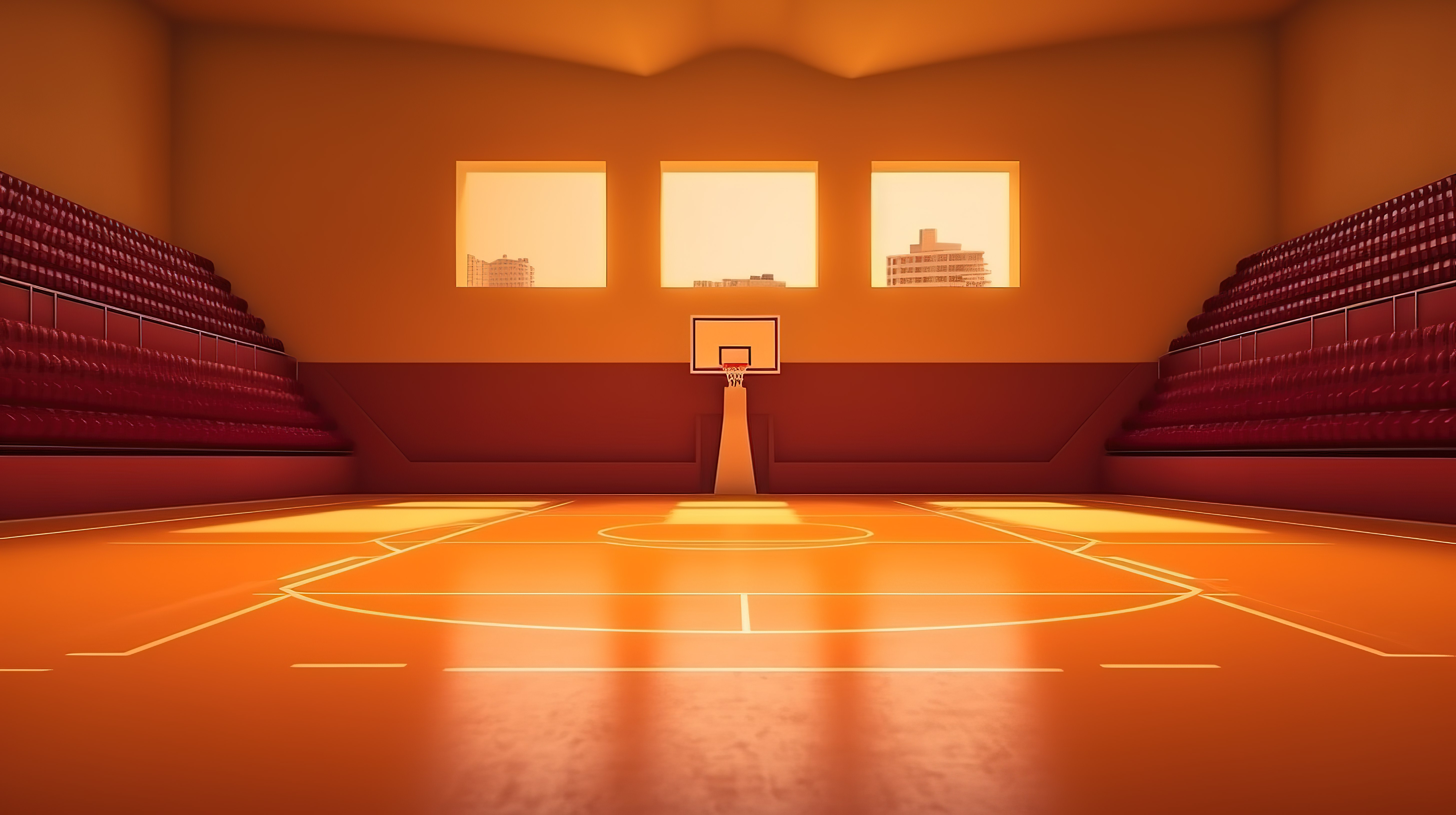 阳光明媚的篮球场，一个空荡荡的竞技场，有篮球篮板 3D 渲染背景图片