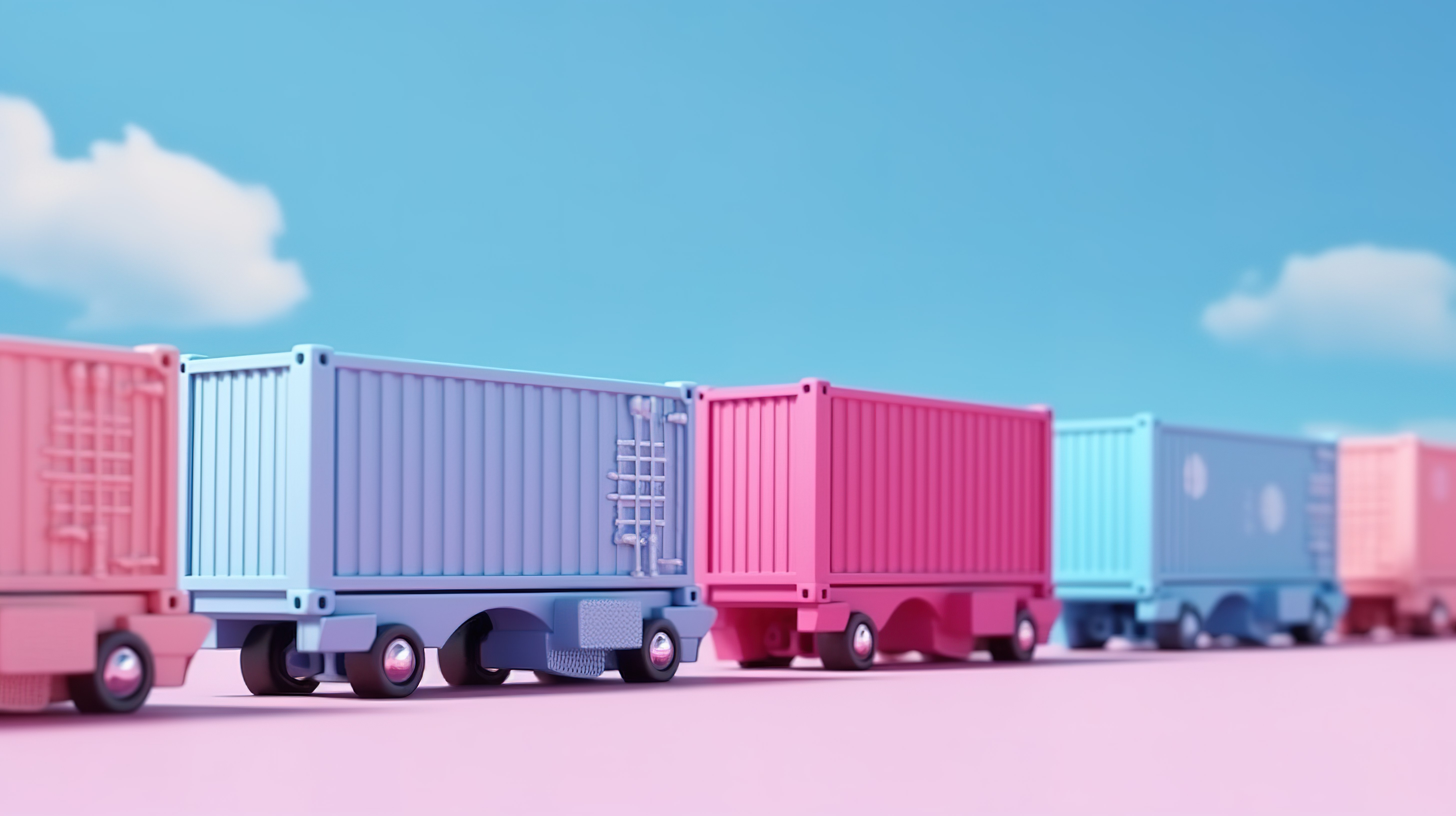 柔和的蓝色和粉红色环境中的运输集装箱，用于海运和公路货物 3D 渲染图片