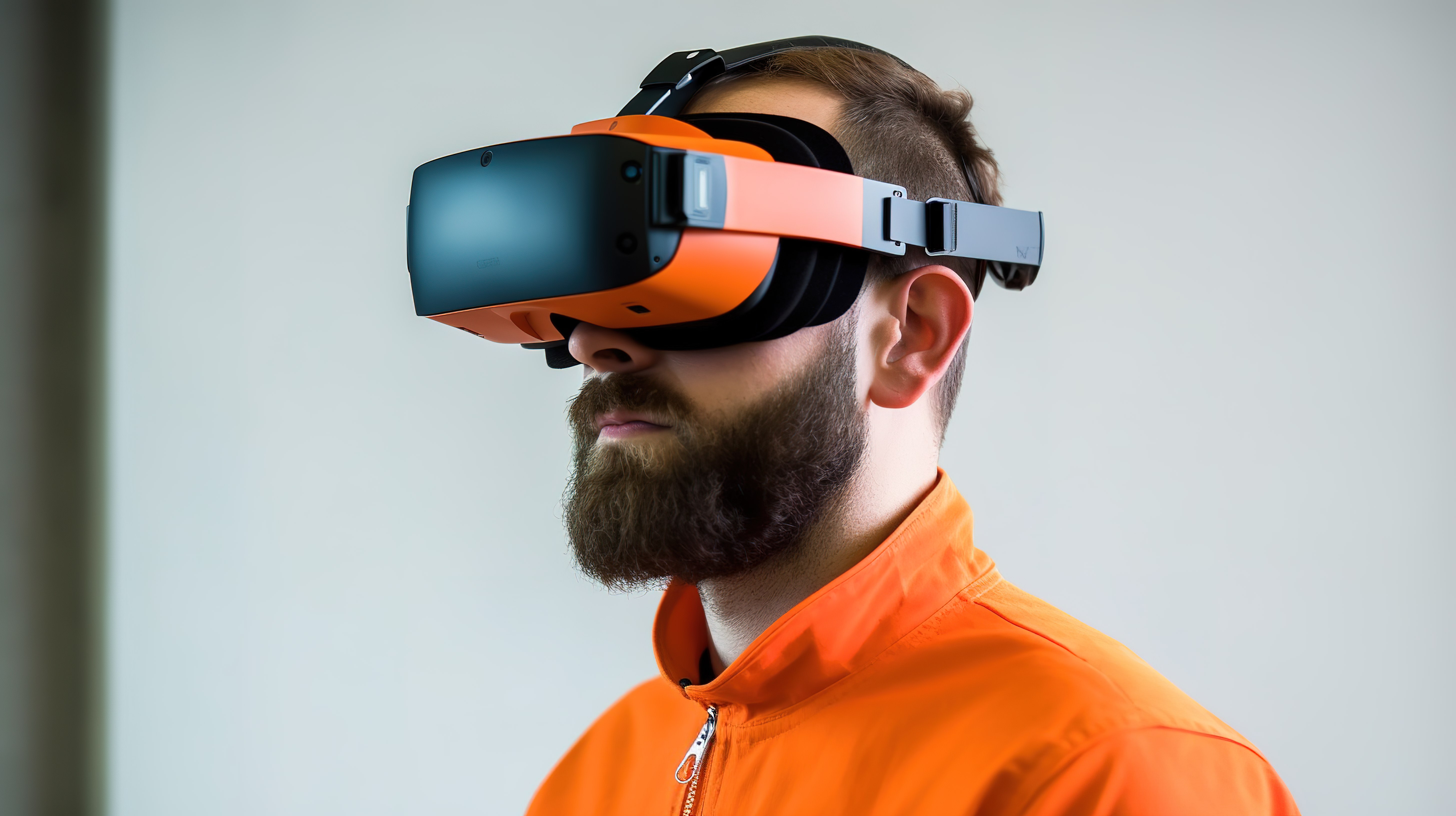 一位土木工程师戴着 3D 虚拟现实眼镜，头戴橙色安全帽图片