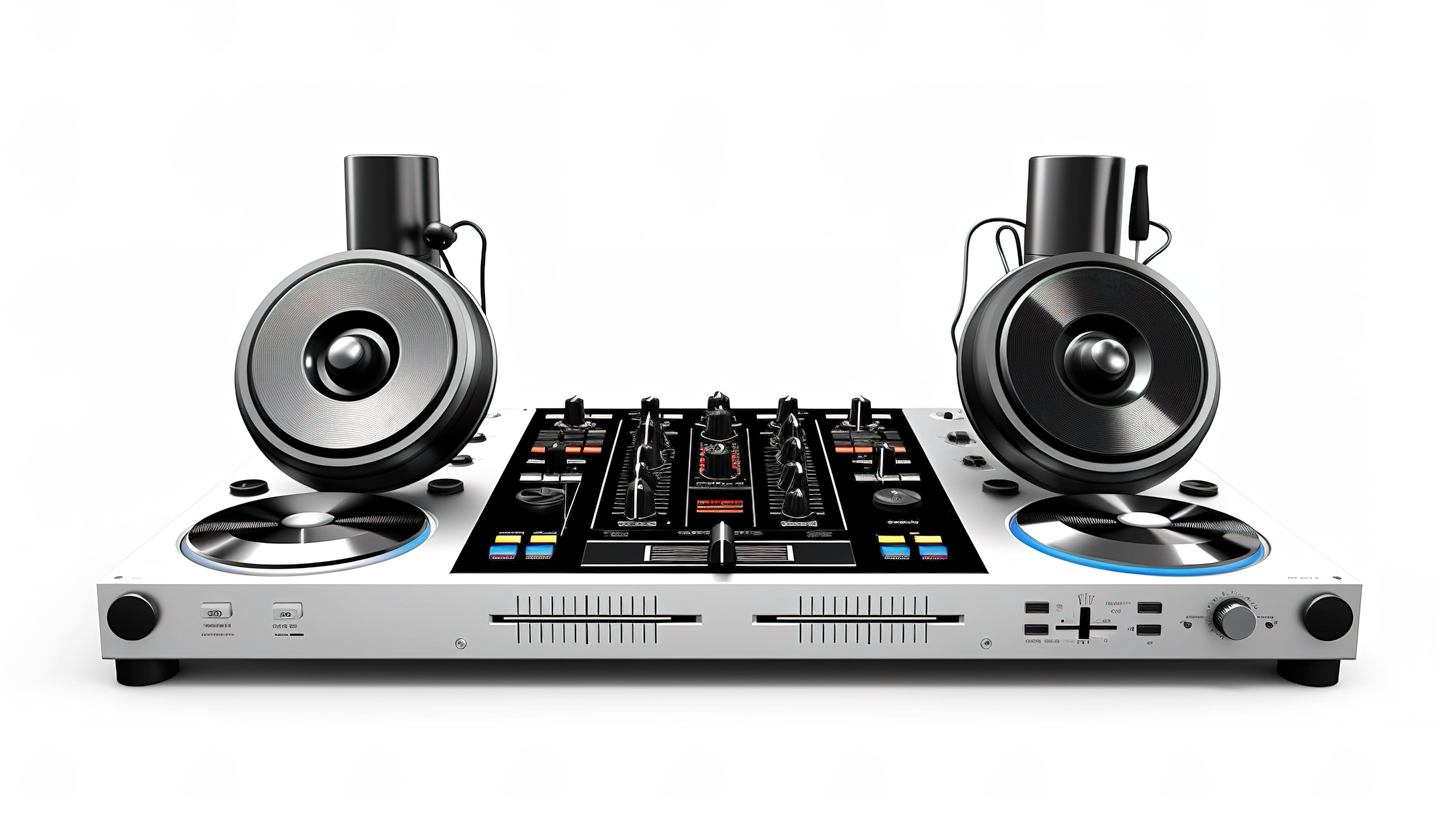 白色背景上带有扬声器和耳机的 DJ 转盘的 3D 渲染图片