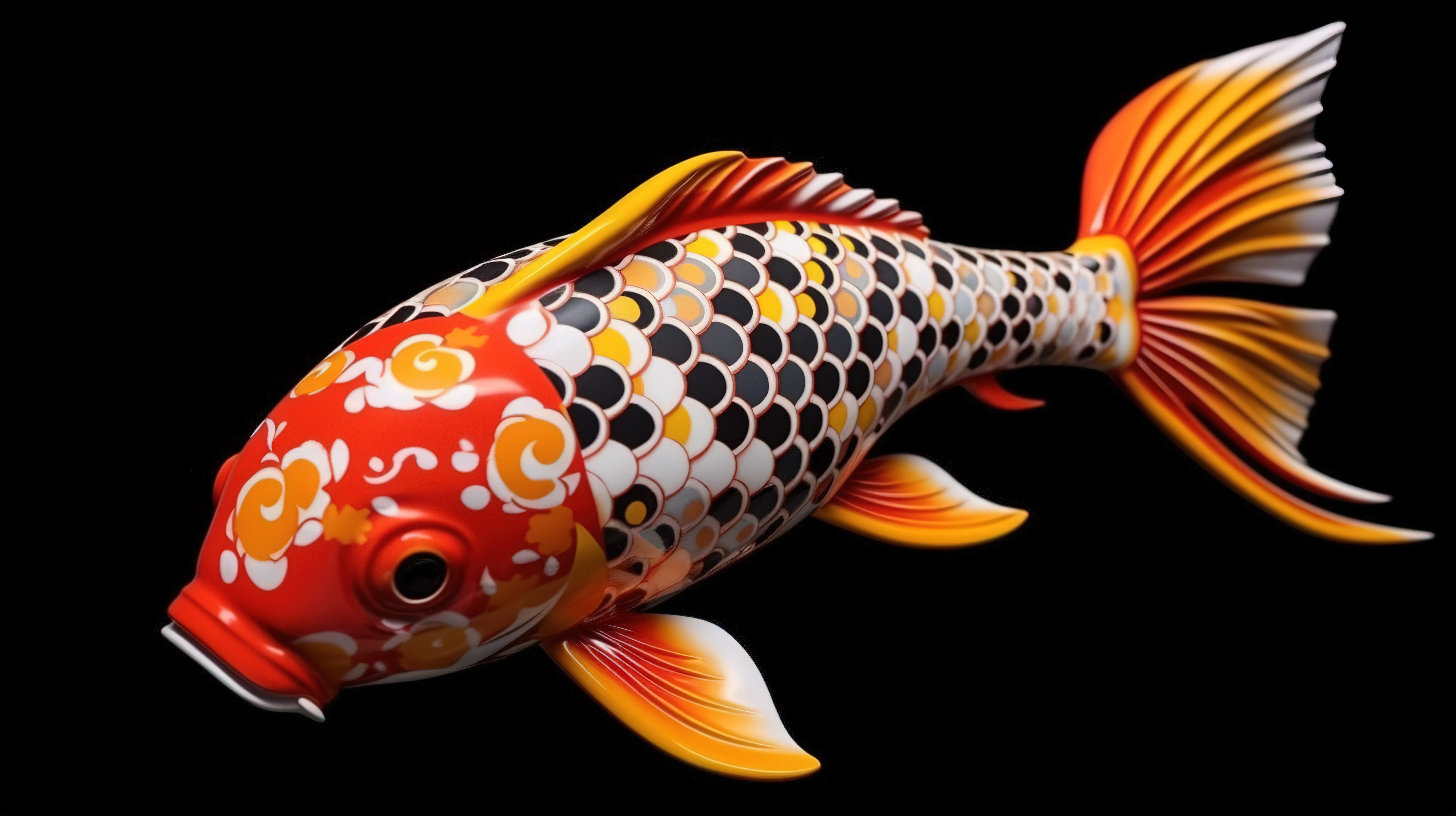 从侧面角度看，锦鲤的充满活力的 3D 渲染具有黑色白色橙色和红色的大胆图案图片