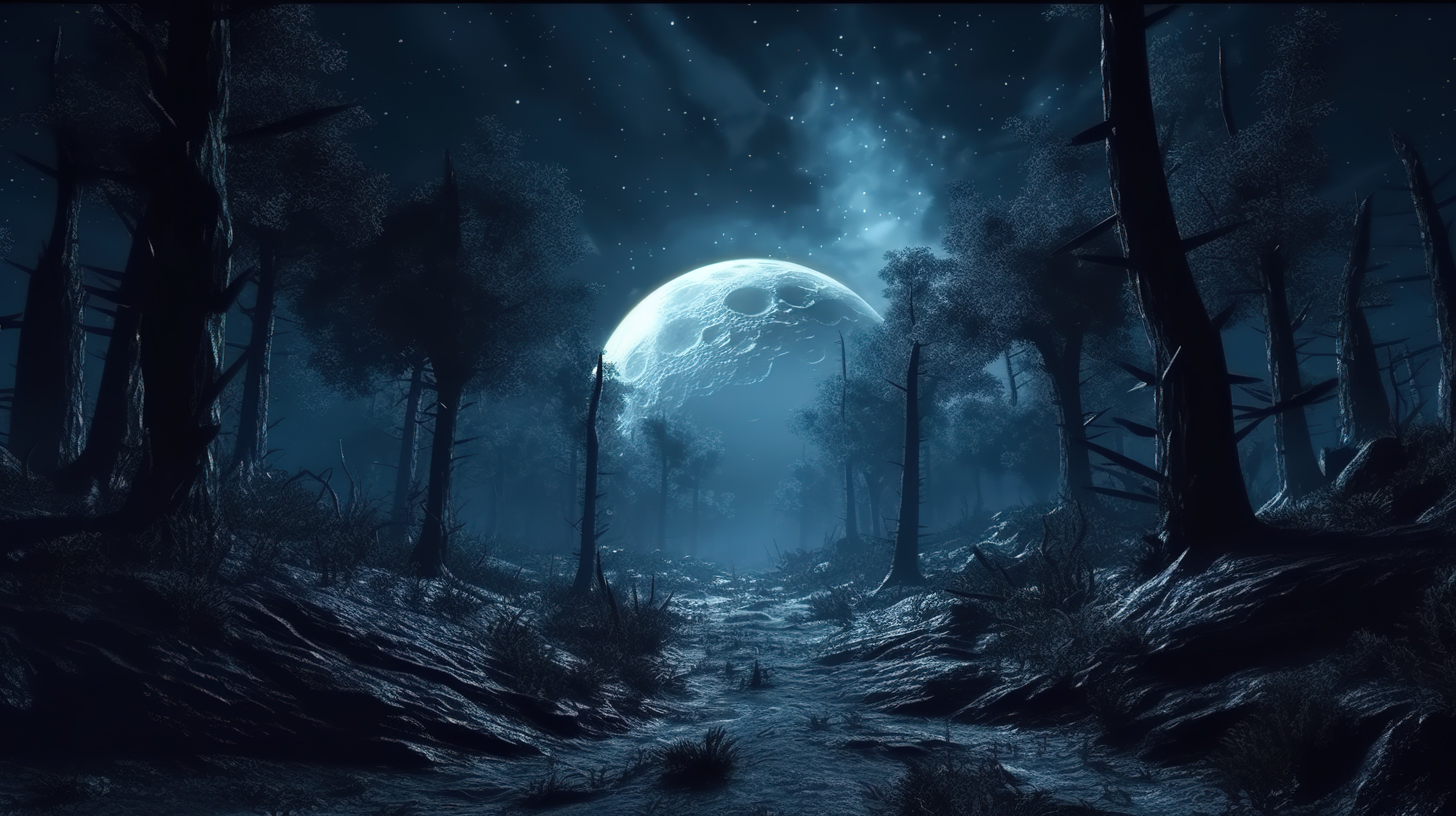 带有月亮和星星的黑夜星球上森林景观的 3D 插图图片