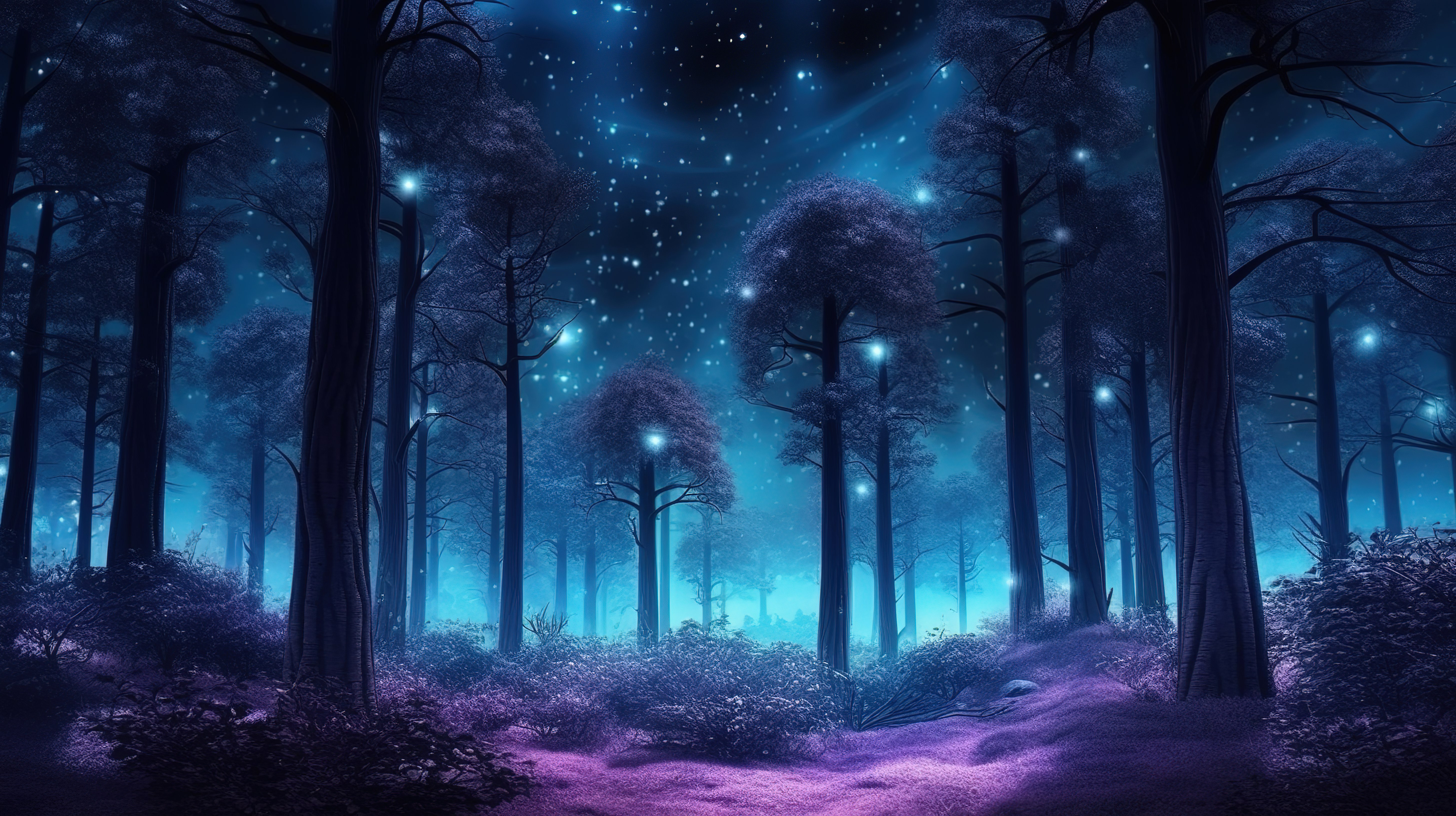 夜间的魔法森林在 3D 插图中照亮了黑暗的树干图片