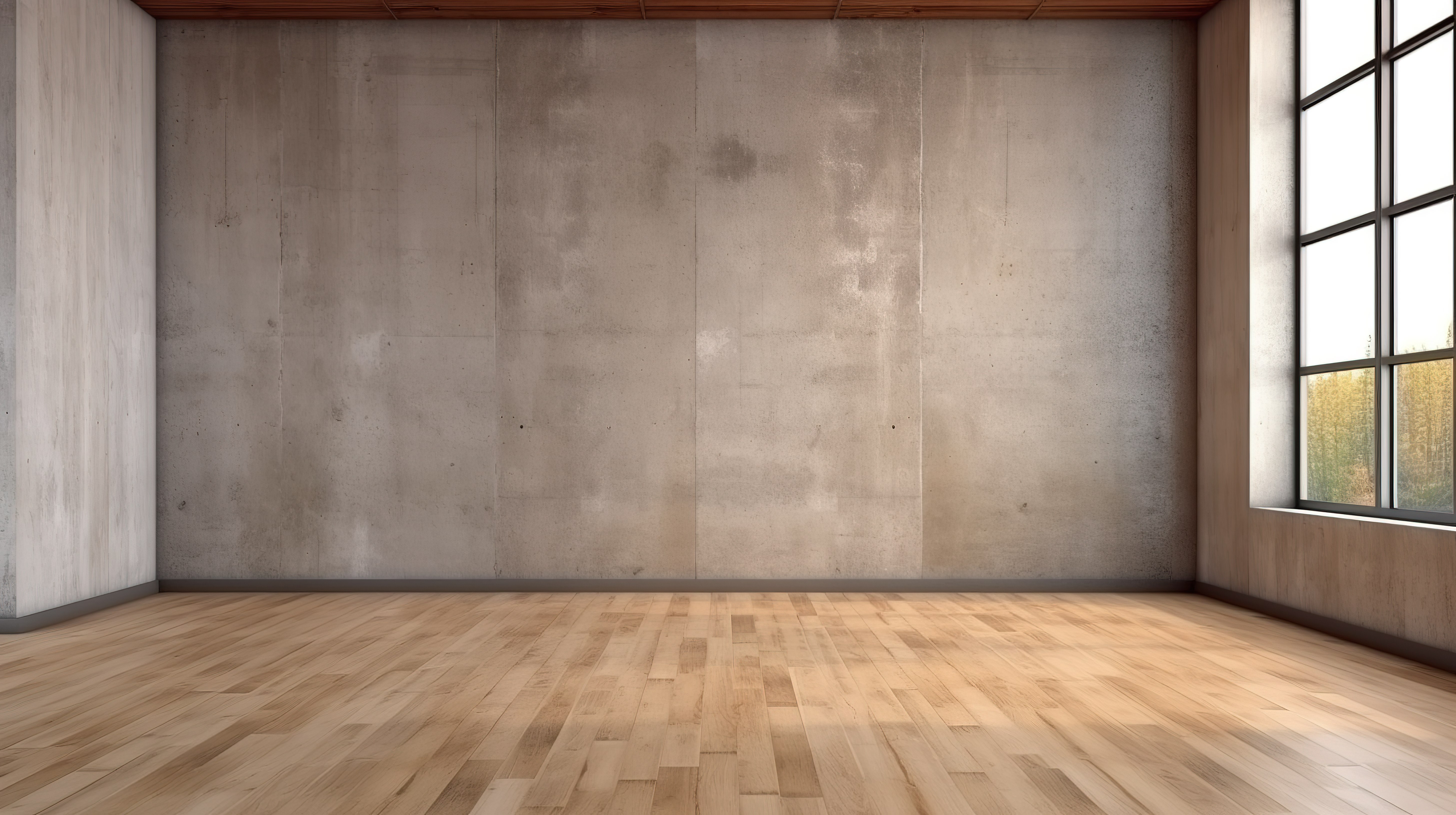 宽敞的房间，配有混凝土墙和抛光木地板，3D 模拟图片