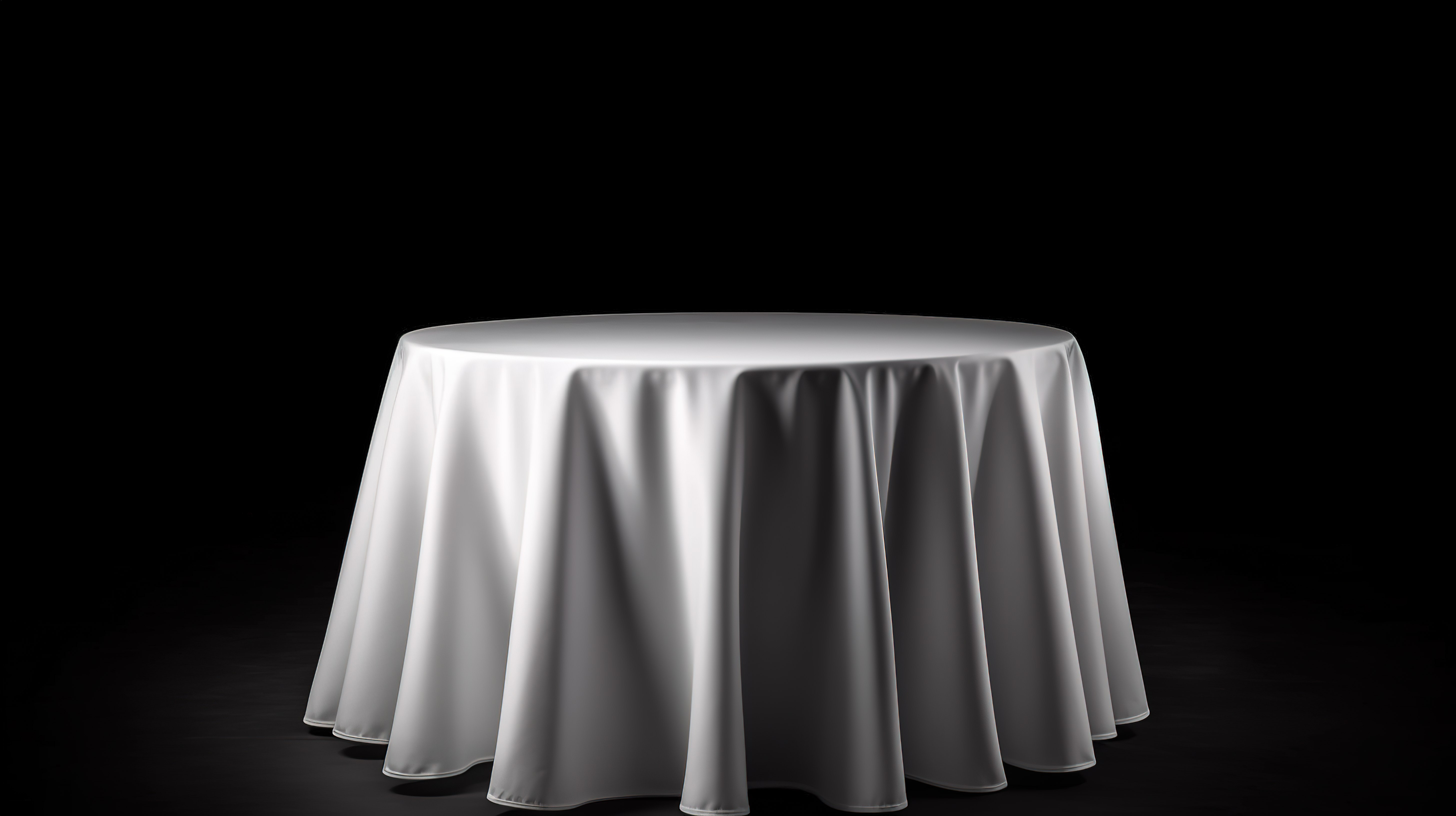 空圆桌上有一块孤立的白色桌布的黑色背景的 3D 渲染图片