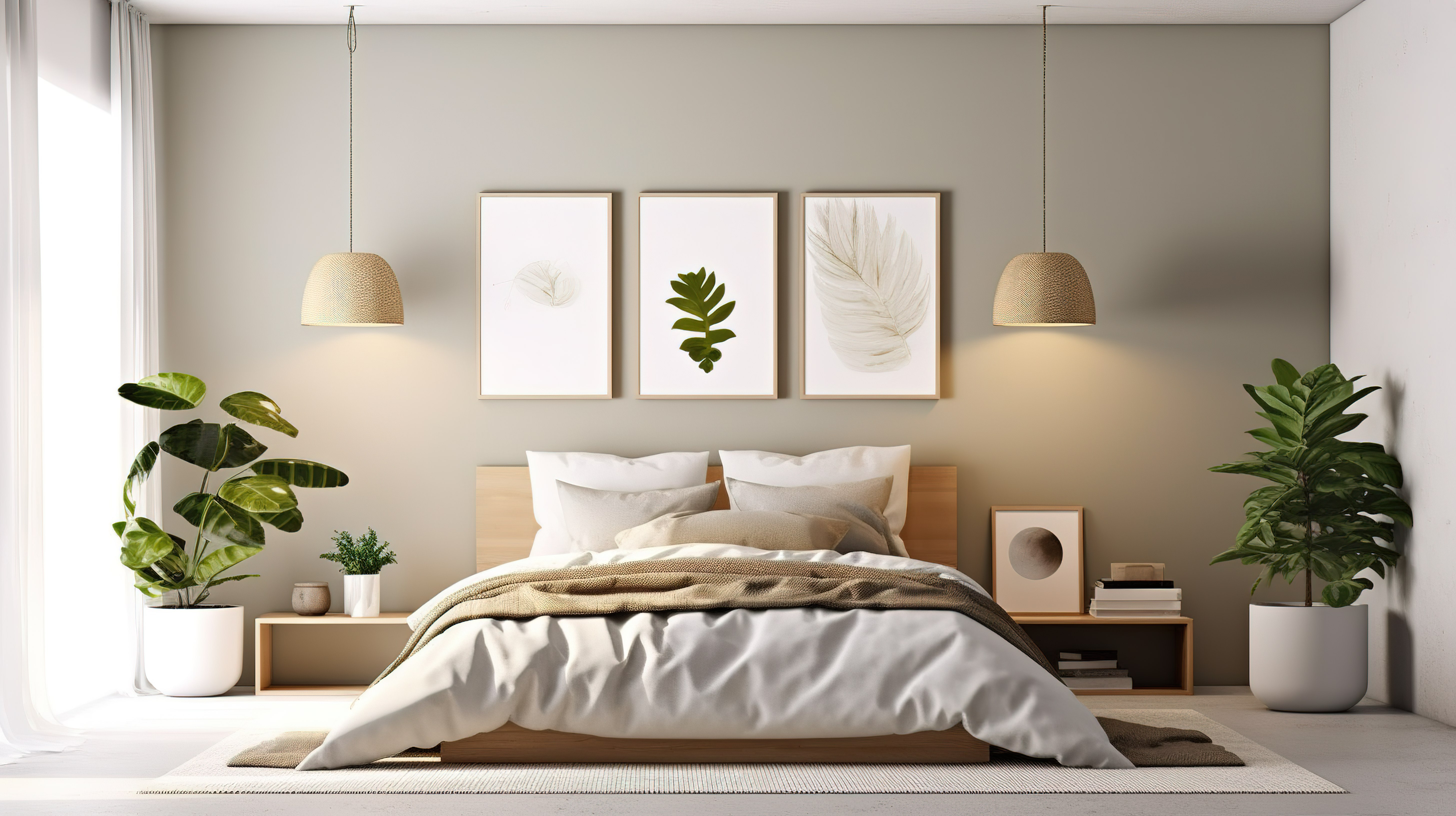 带空白海报框 3D 渲染的简约斯堪的纳维亚卧室图片