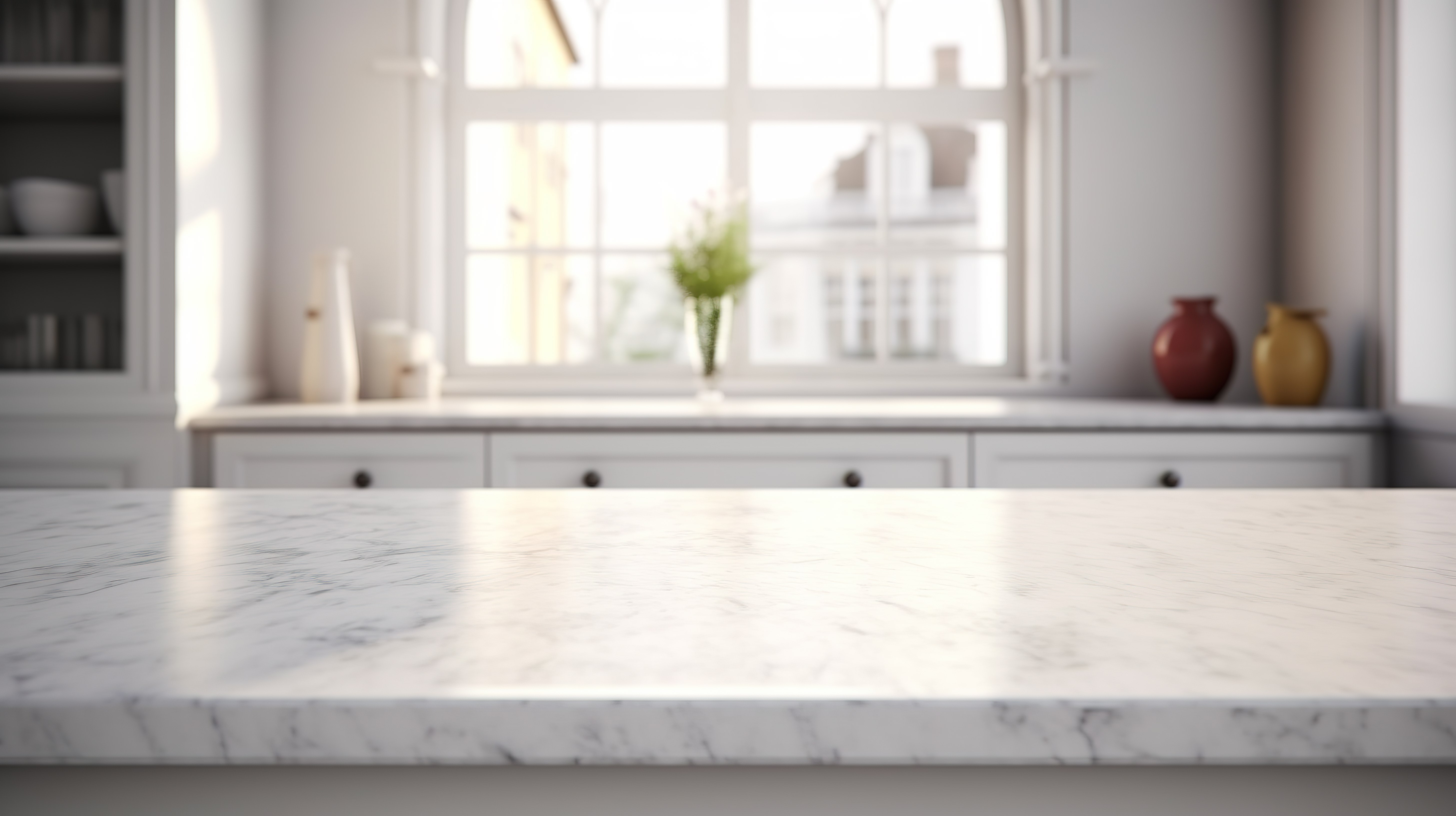 空的白色石桌后面模糊的厨房背景的高分辨率 3D 渲染图片