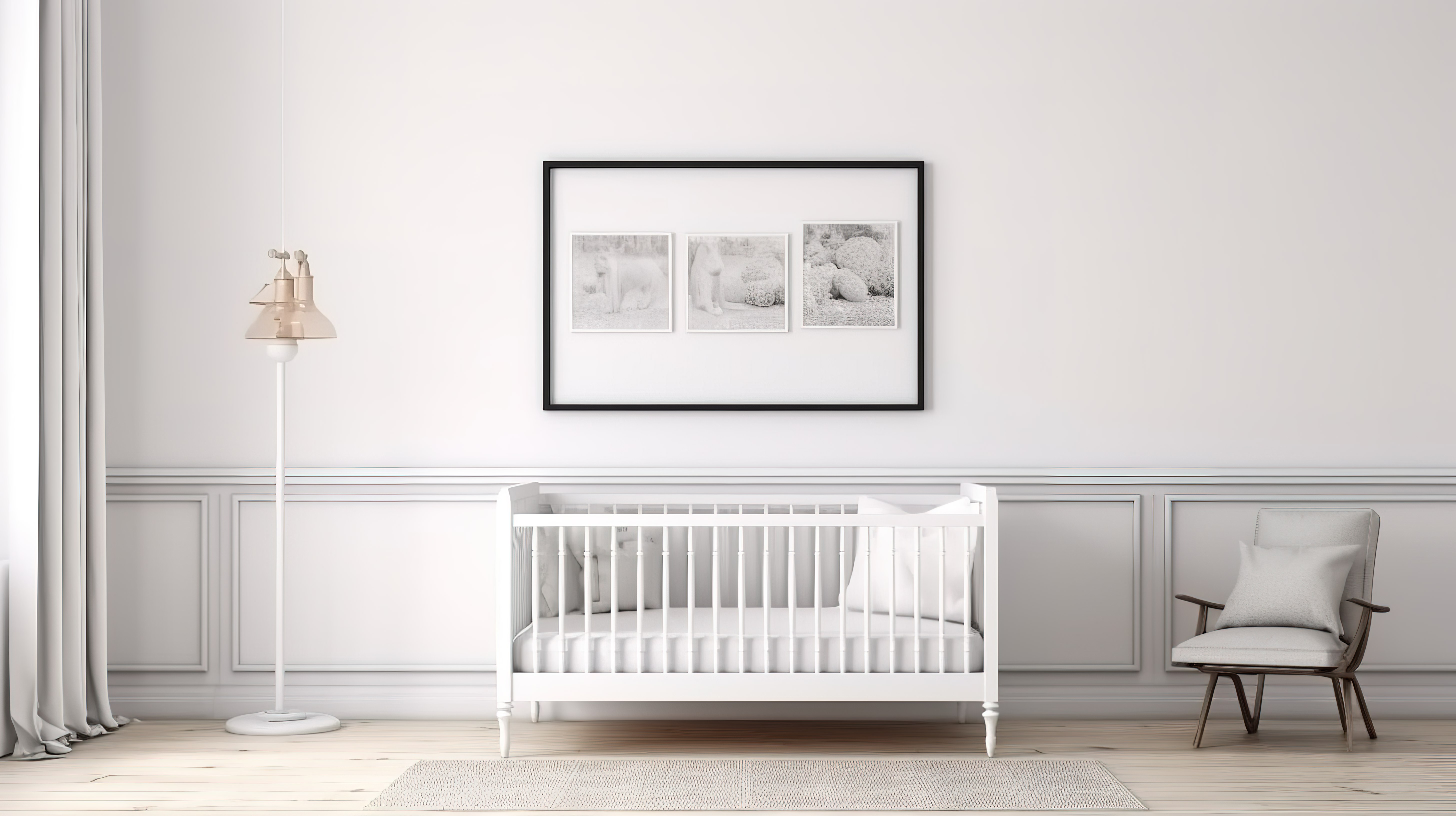 质朴的苗圃农舍主题中的白色金属婴儿床，带有水平框架和 3D 模型渲染图片