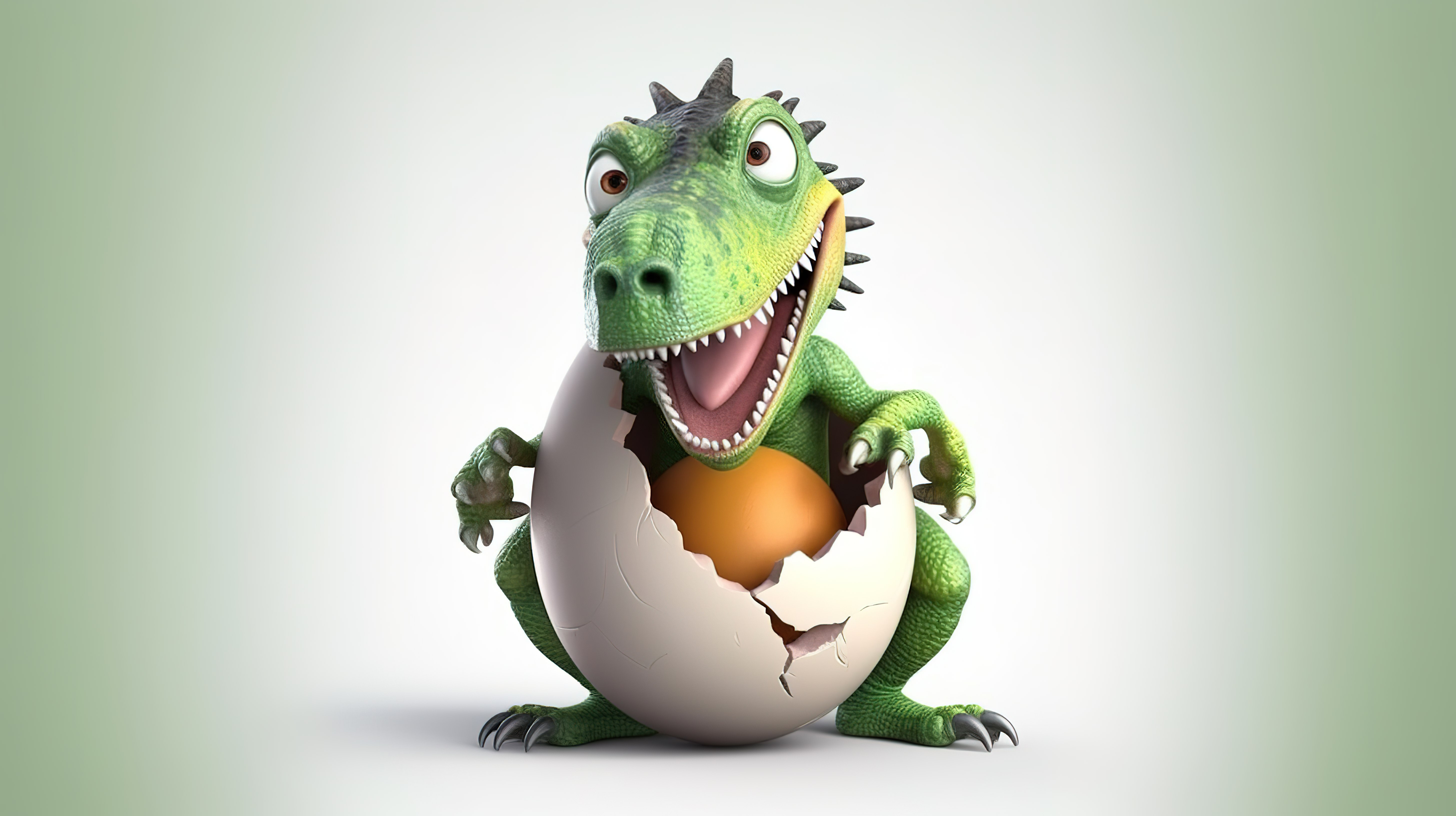 搞笑的 3D 恐龙人物抓着一个巨大的鸡蛋图片