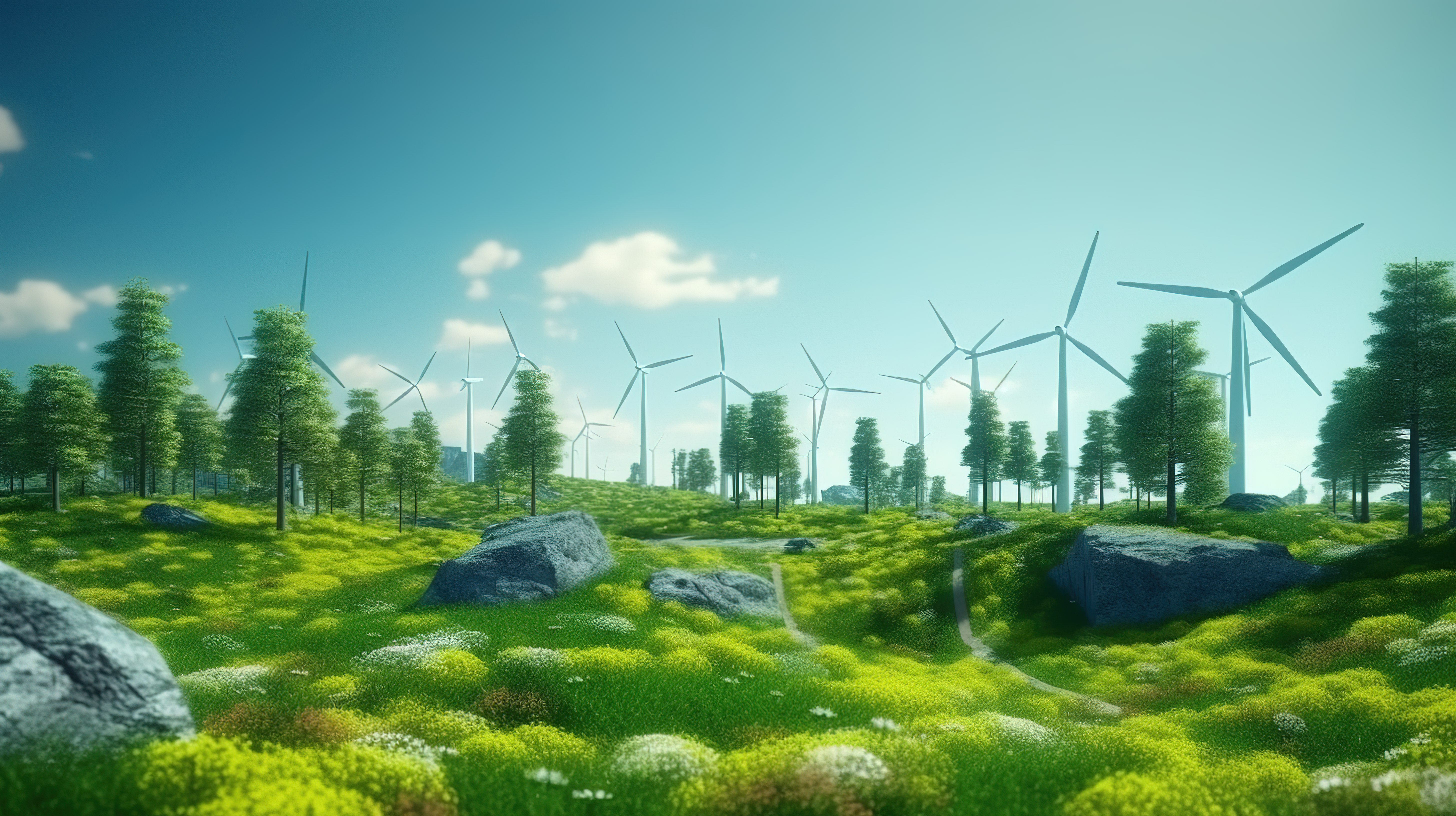 风力涡轮机可持续景观的 3D 渲染图片