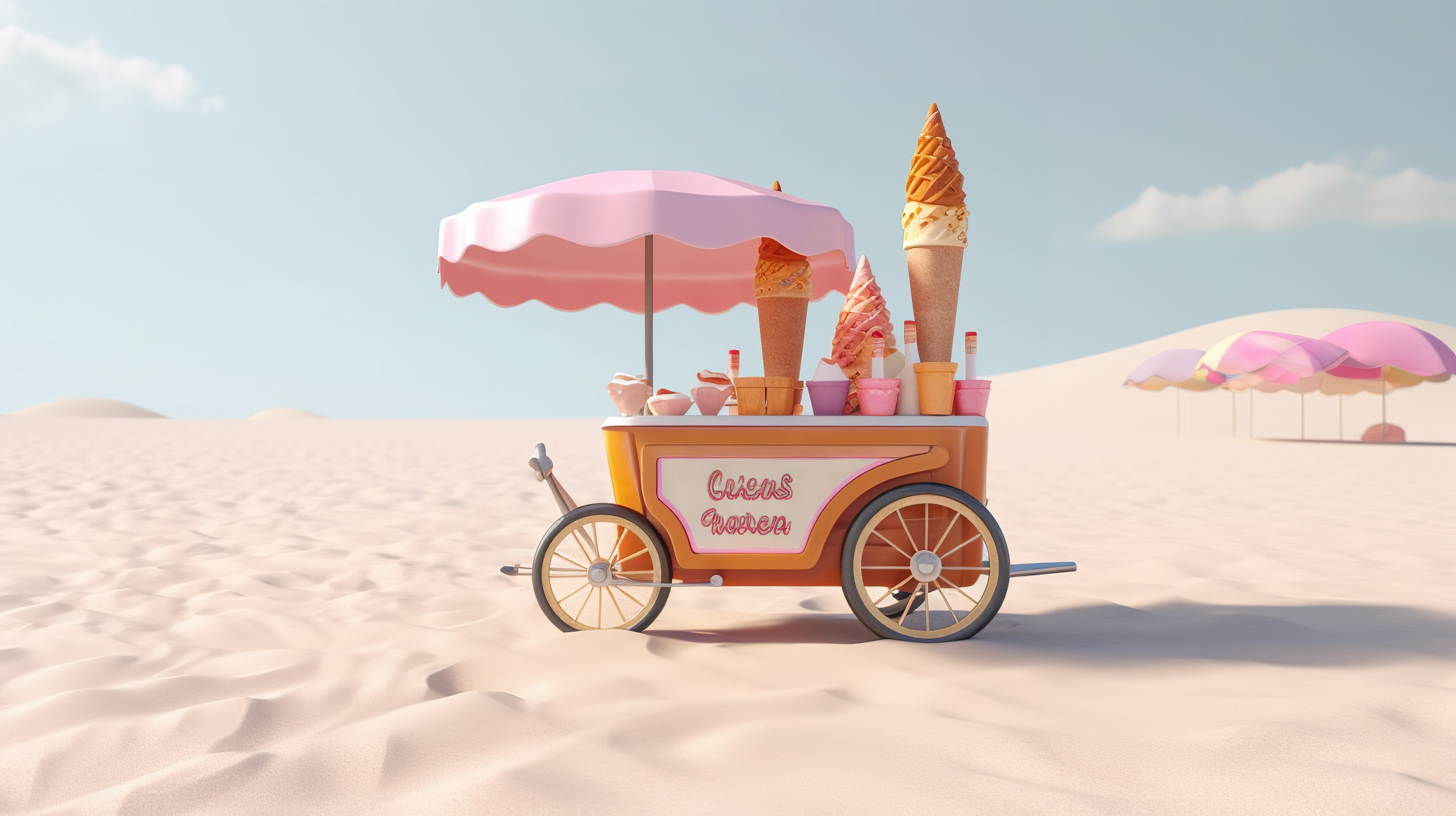 阳光亲吻的沙滩上冰冷的美食车在白色背景 3D 渲染下的极端特写镜头图片