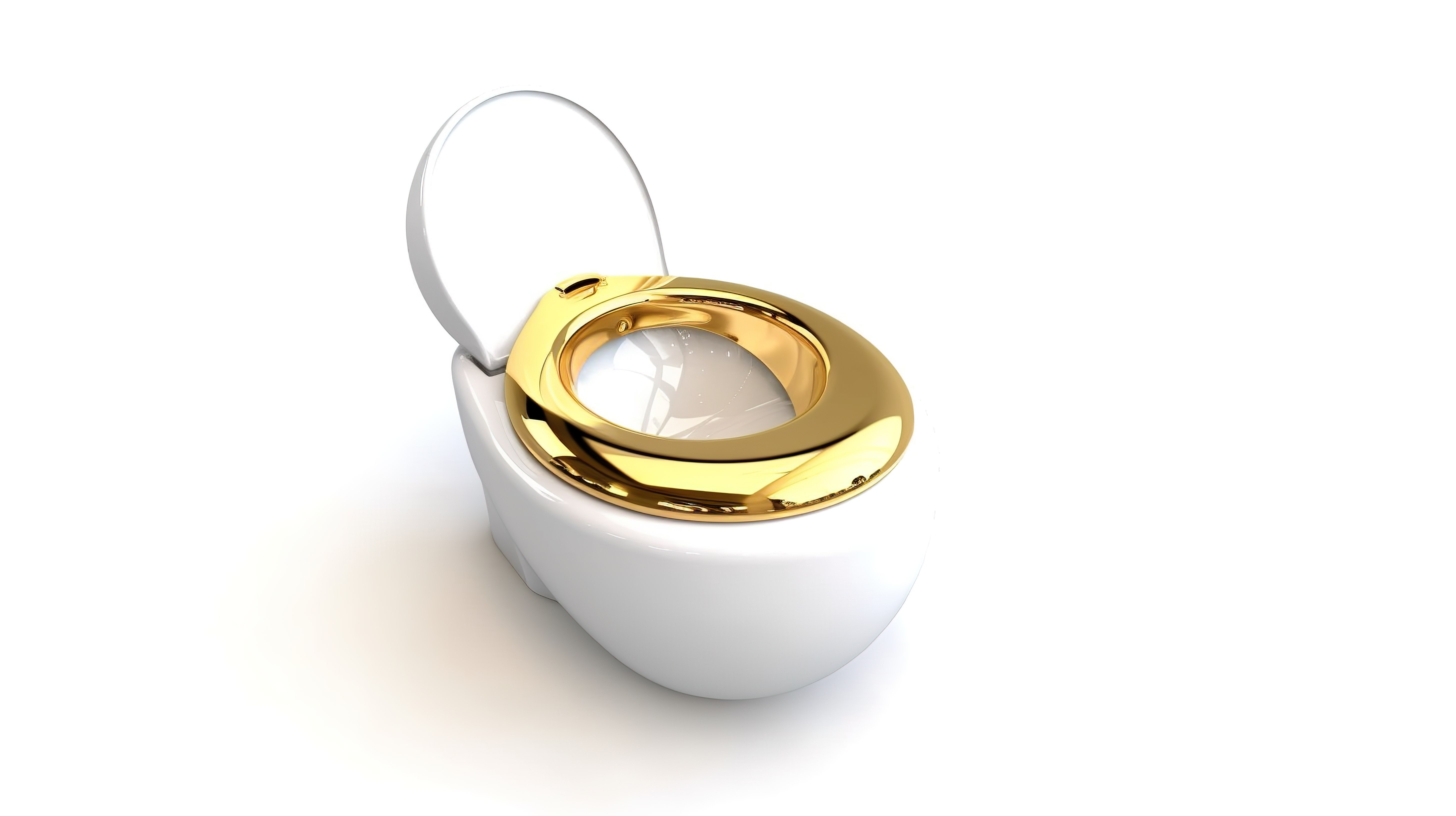 闪闪发光的金色陶瓷马桶呈现在白色背景上，具有 3D 渲染效果图片